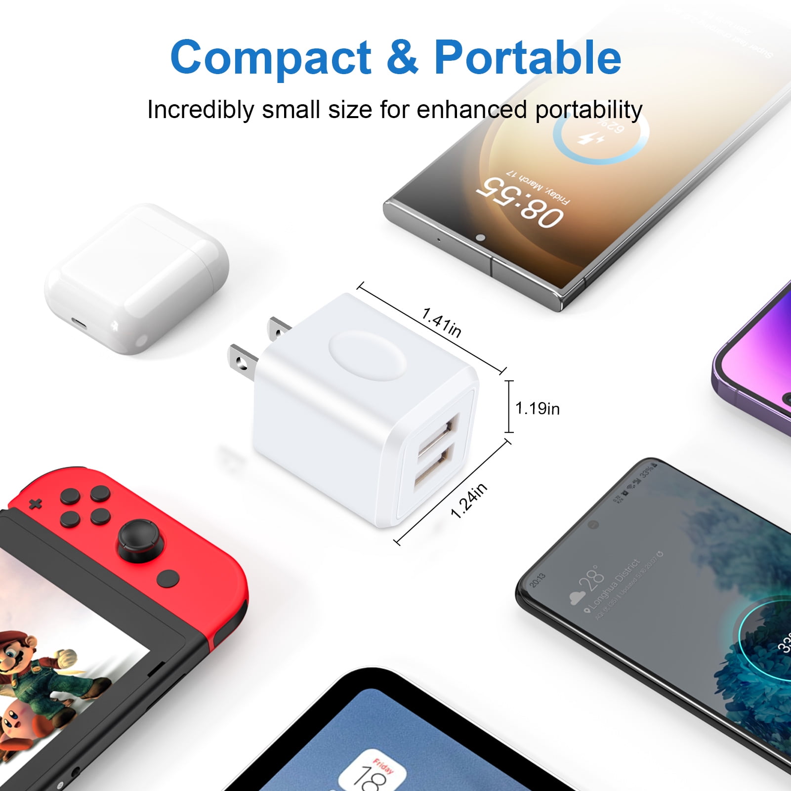 FiveBox Dual USB Wall Charger Block, Fast Charging Power Adapter Cube (4-Pack, Multicolor) 2mrhp