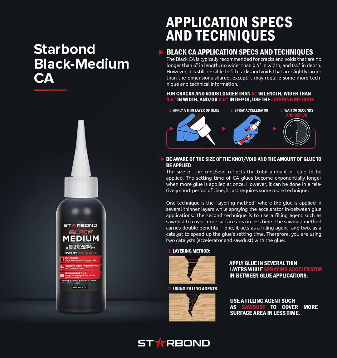 Starbond Black Medium CA Glue Premium Cyanoacrylate Adhesive for Woodworking and Craft Repair (Black, 2 oz) 19oxp