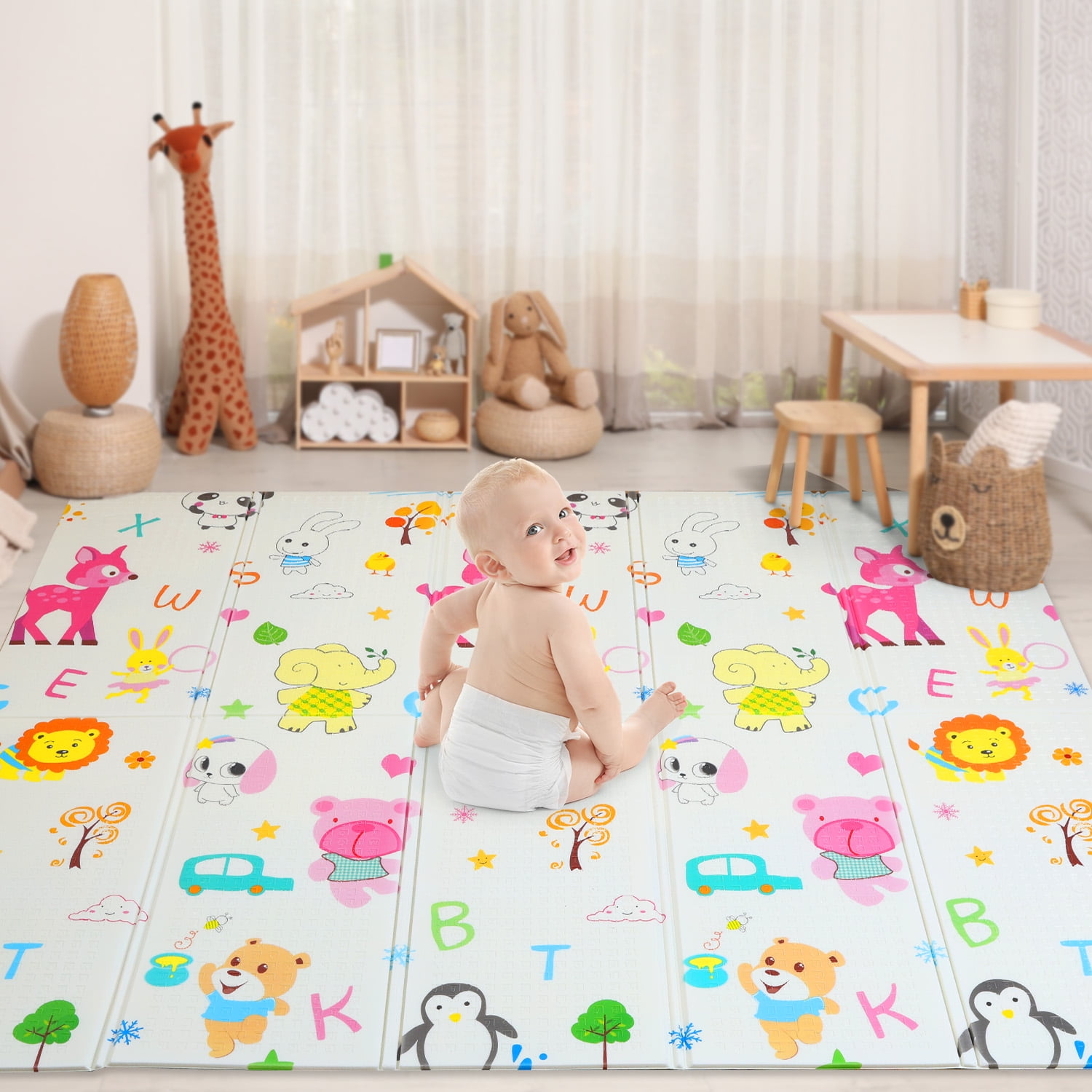 JoyStone Extra Large Reversible Foam Baby Play Mat, Non-Toxic Waterproof Crawl Mat for Toddlers (Animal Print, 78 in x 70 in) nenoq