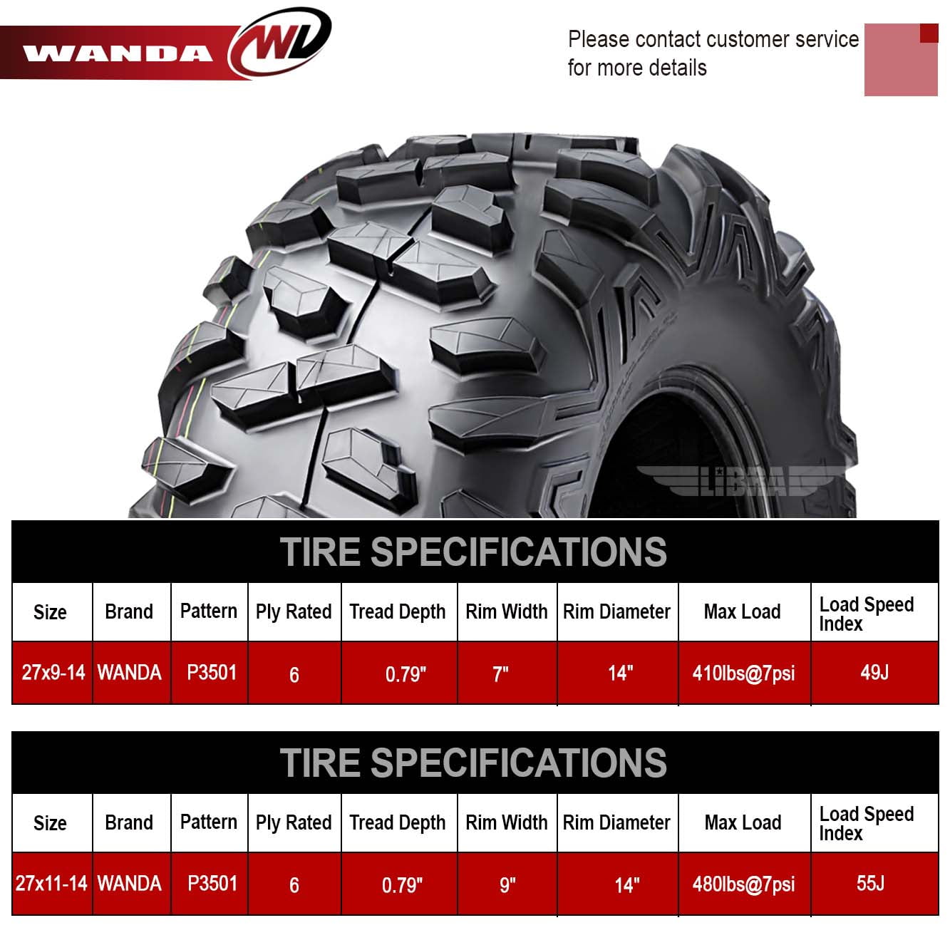 Wanda ATV Tires Full Set (27x9-14 Front & 27x11-14 Rear) Heavy-Duty 6-Ply Rated P3501 Tread for Hisun Strike Hector Tactic 1000 7ltd4