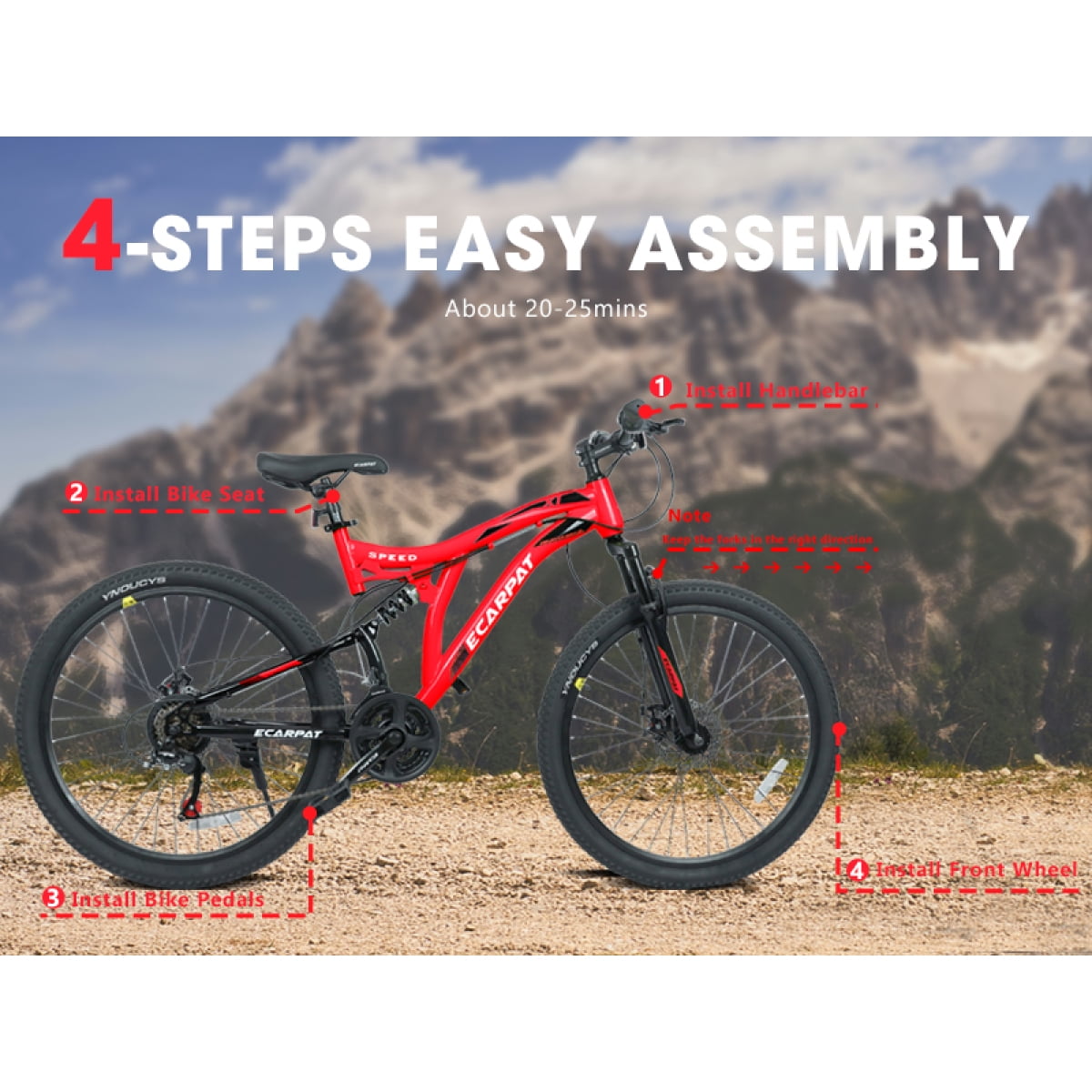 Dcmisas 26-Inch Mountain Bike, 21-Speed Full Suspension Steel Frame with Dual Disc Brakes (Red, 26 in) bi3ug