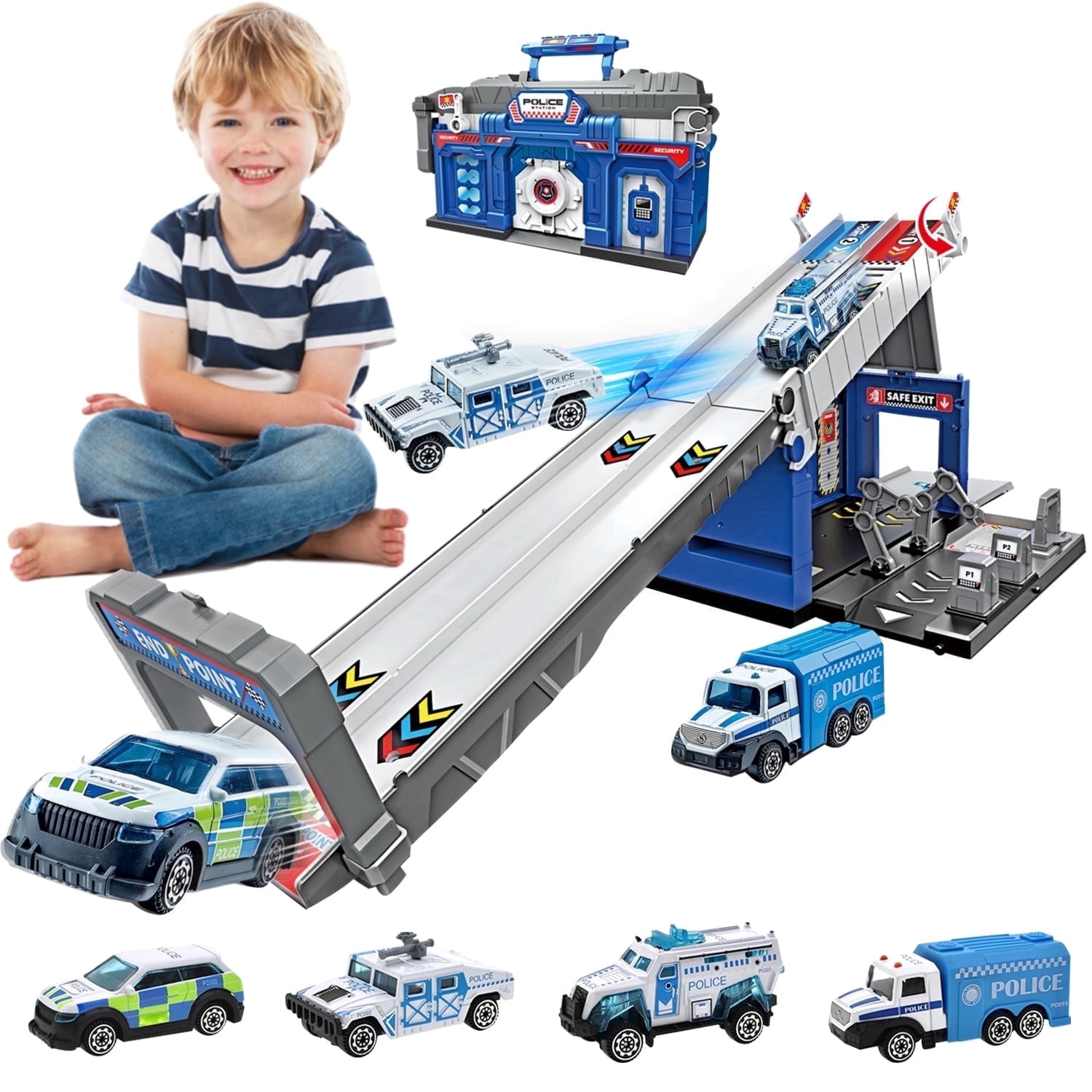 Sytle-Carry Die-Cast Police Car Track Set, 2-in-1 Folding Storage Carrier with 4 Toy Vehicles (1 Set) niq88