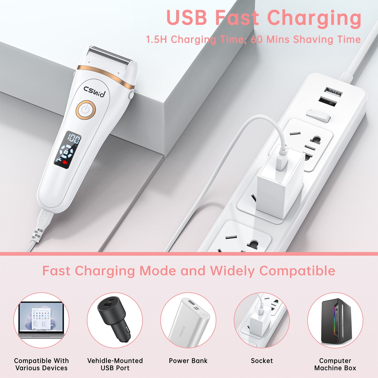 Cshidworld 3-in-1 Electric Razor for Women, Painless Waterproof Hair Remover with LED Display (White, 1 Count) osval