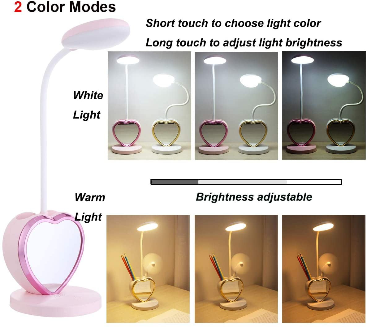 TOEVER LED Desk Lamp for Study and Reading, Eye-Caring Table Light with Pen Holder, Phone Stand, and Mirror (Pink, 1 Unit) k4kpm