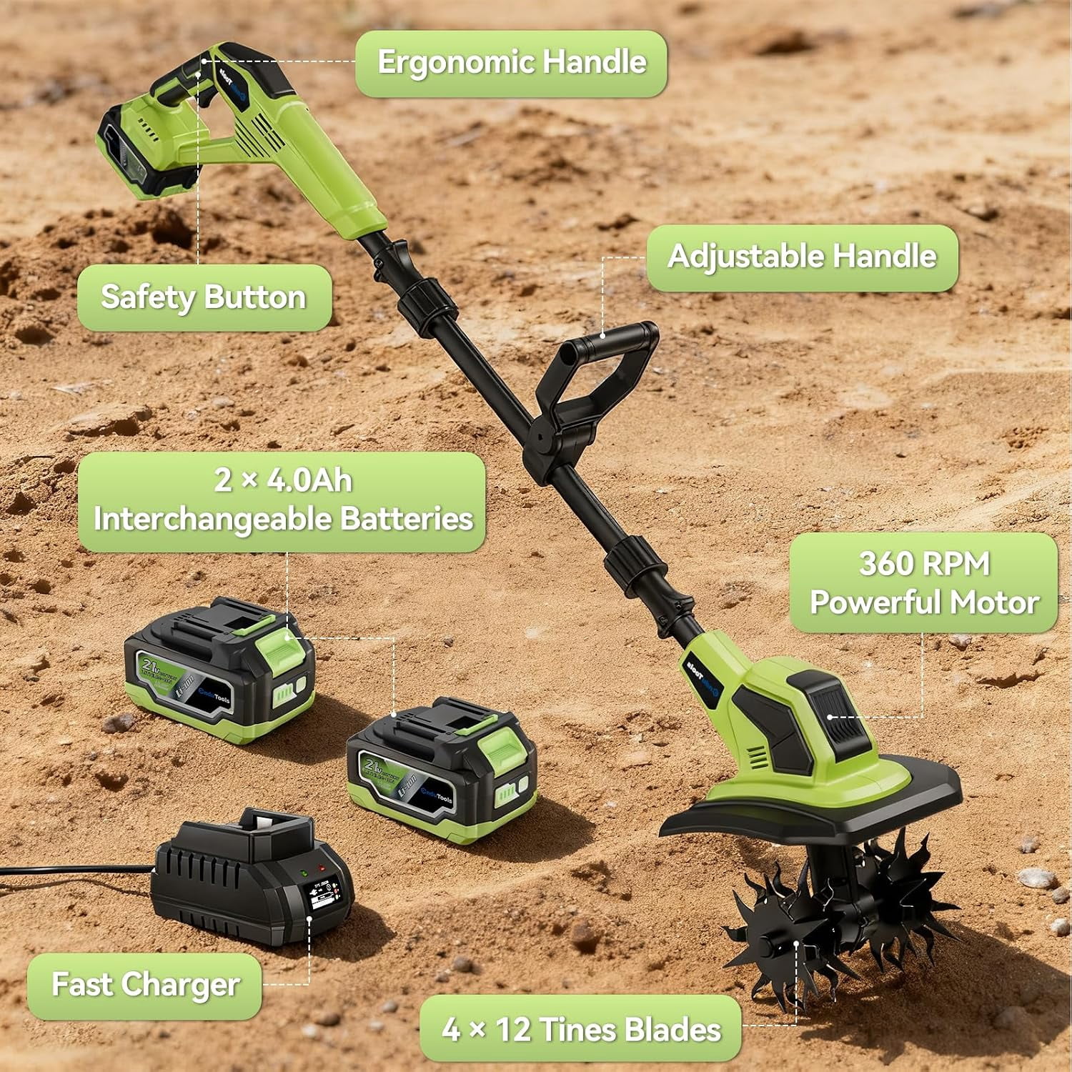 Protmex Cordless Garden Tiller Cultivator, Electric Rototiller for Soil Preparation, 9 in Tilling Width, 6.7 in Depth (21V, 2 x 4.0Ah Batteries) dmpt8