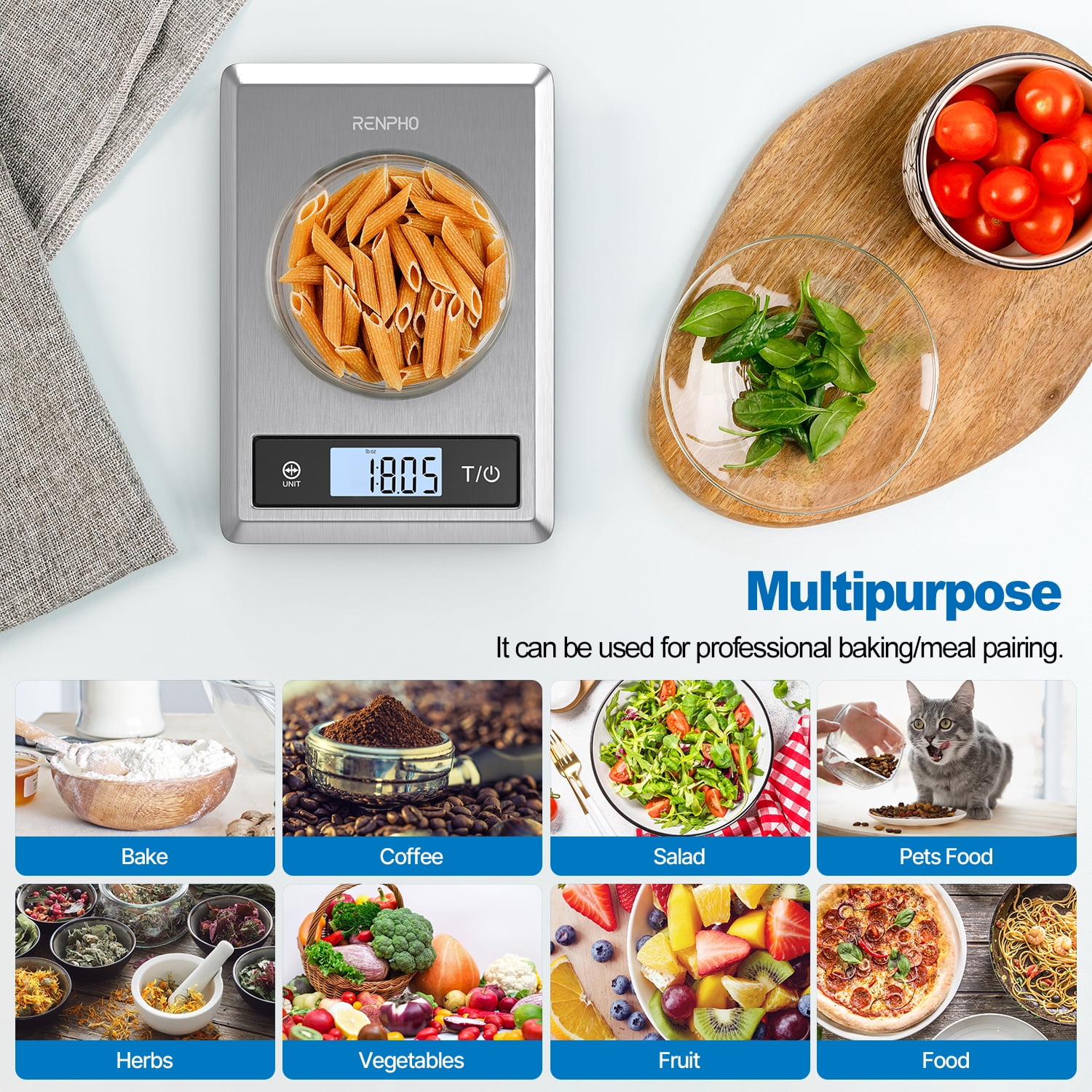 RENPHO Smart Digital Food Scale with Bluetooth App Connectivity, Stainless Steel Kitchen Nutrition Tracker (11 lbs) rxzs8