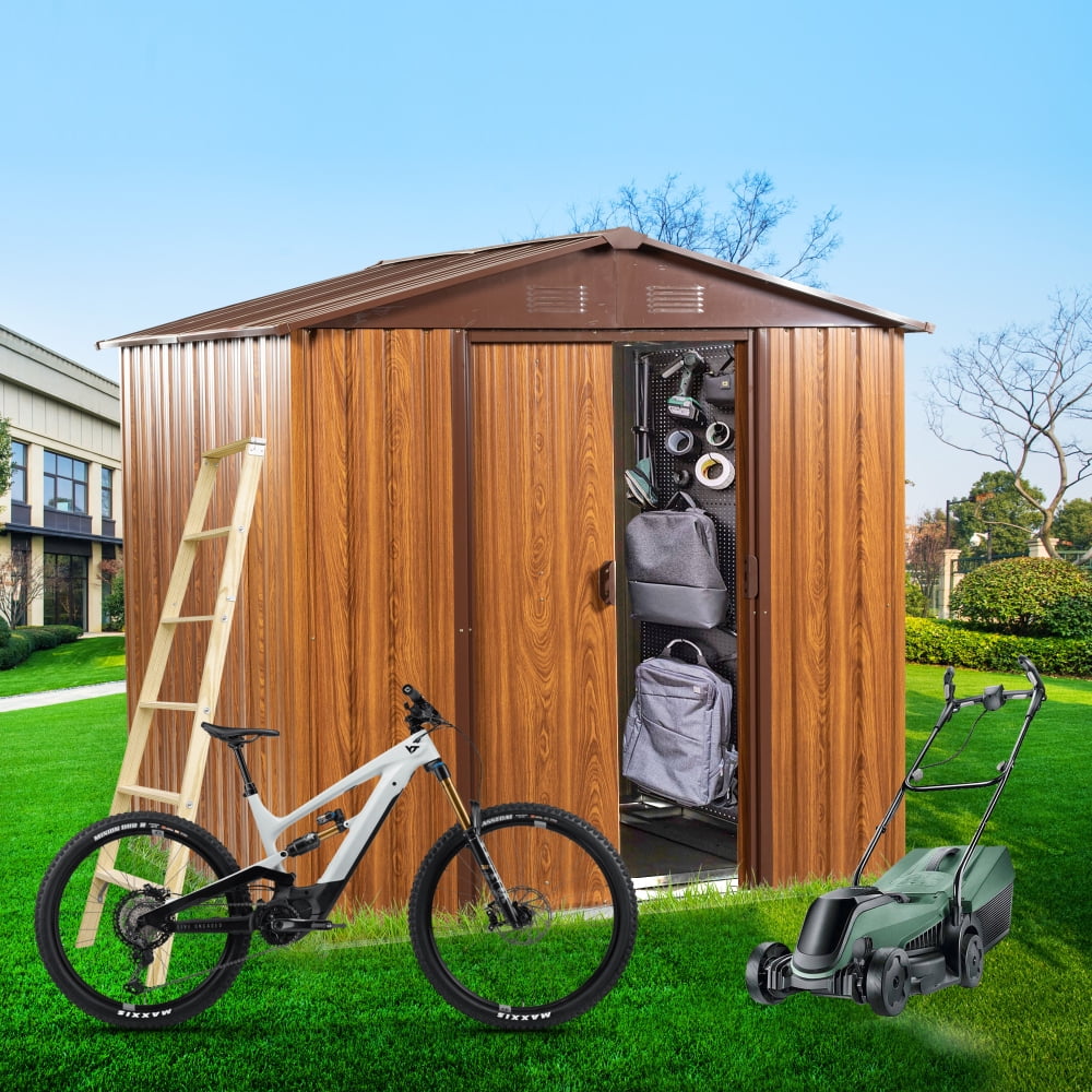 Generic Metal Storage Shed Heavy-Duty Galvanized Steel Outdoor Garden Tool House (Brown, 6 ft x 6 ft) 4s7u2