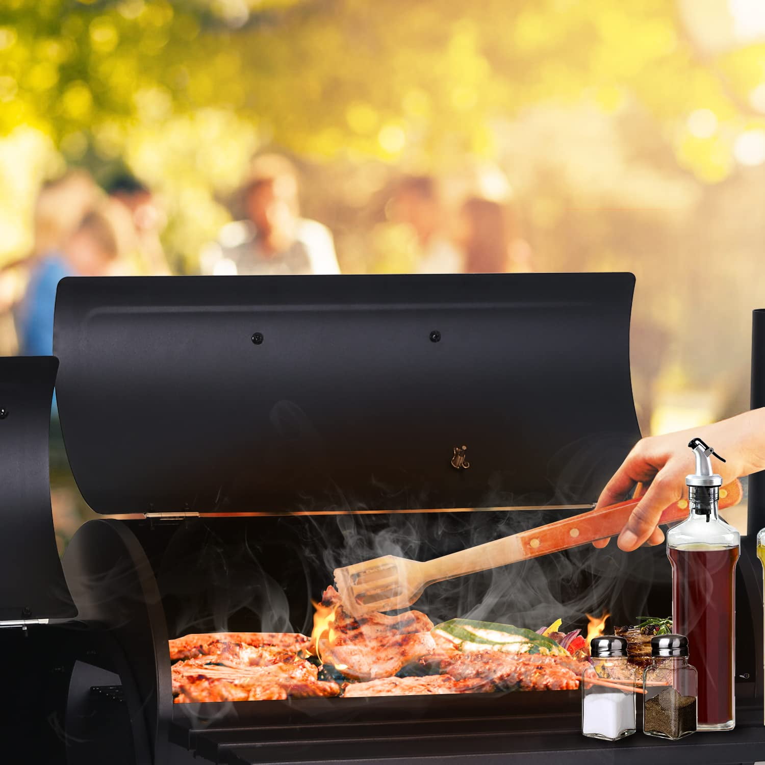 Dkelincs Charcoal Grill with Offset Smoker and Wheels (Black, 43.3 in) r6blh