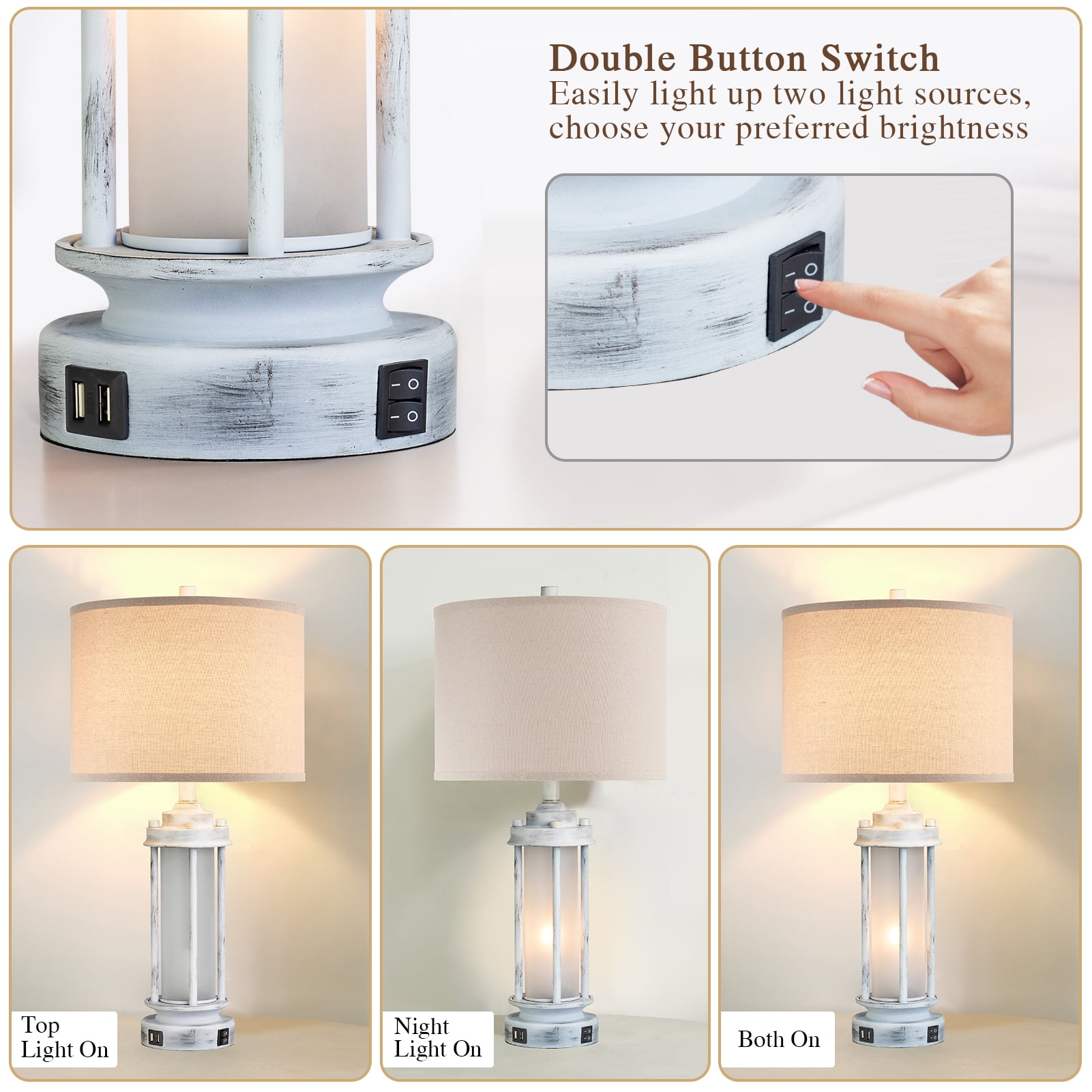 JUJUYUYOP Modern Farmhouse Table Lamps with USB Charging Ports and Night Light (White, Set of 2, 25 in) a3avo