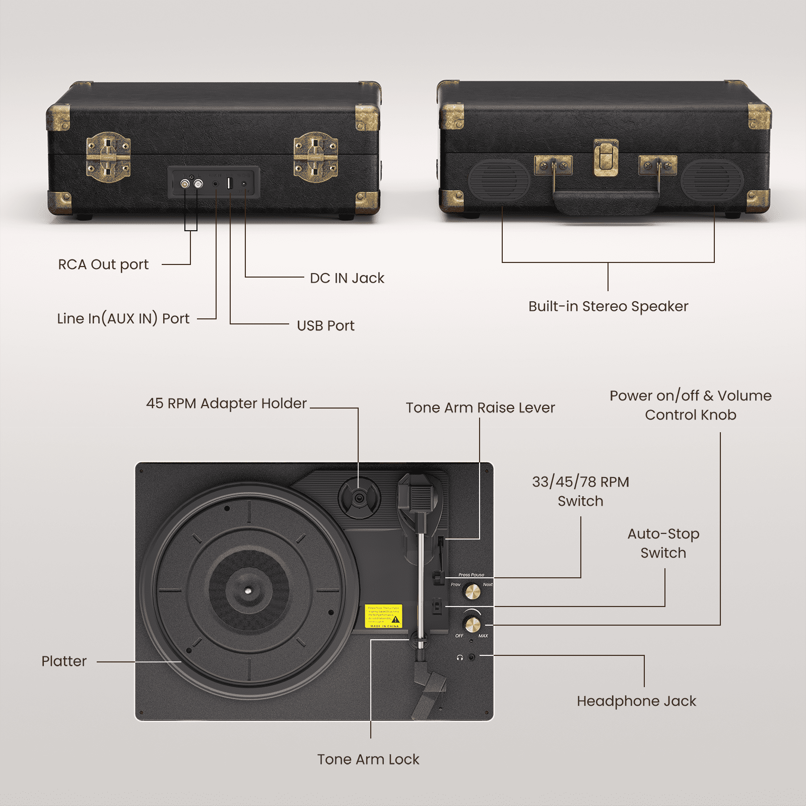 MAIO C260 Vintage Vinyl Record Player, 3-Speed Belt-Driven Turntable with Built-in Stereo Speakers (Black) 00rq2