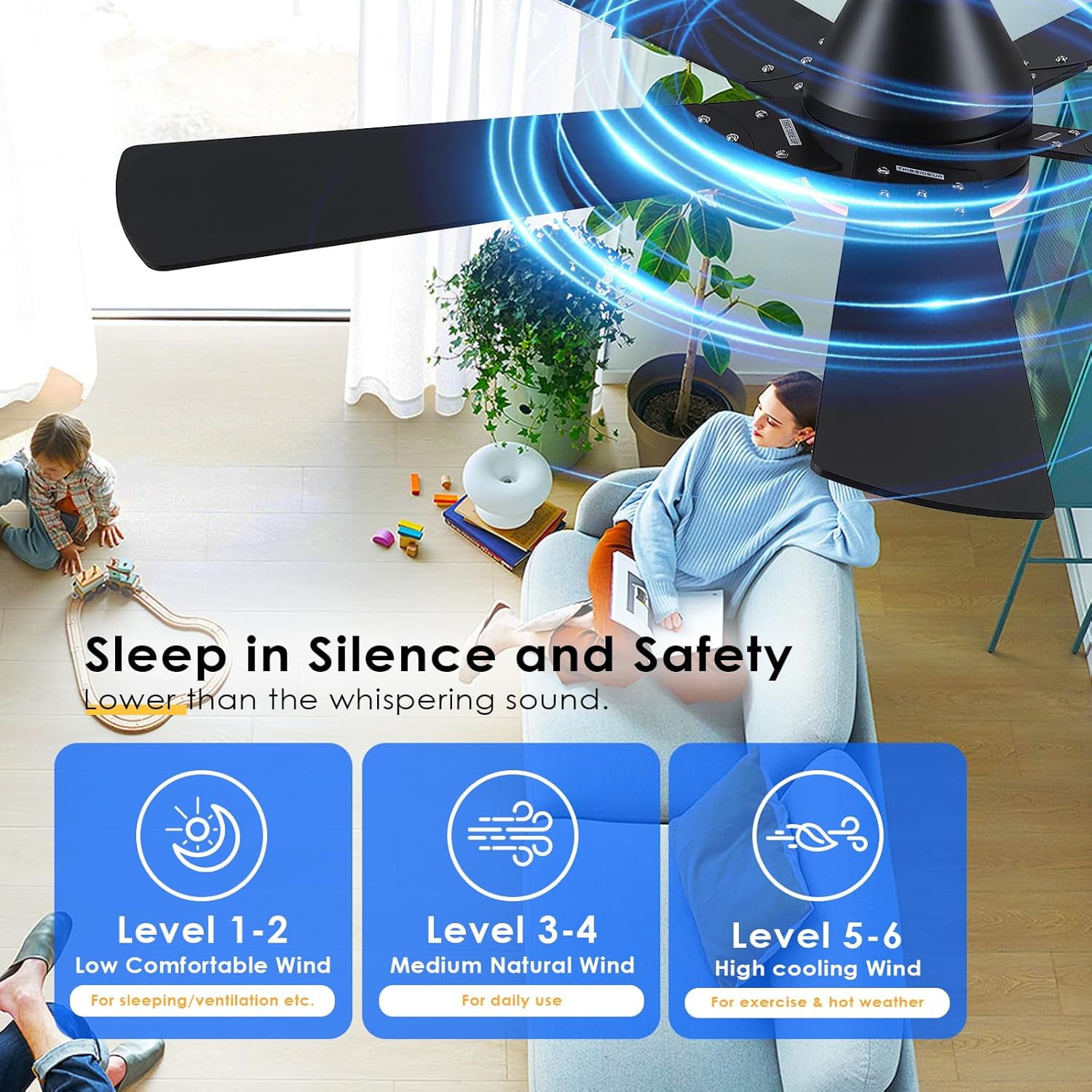 Phorus 52in Flush Mount Ceiling Fan with Dimmable LED Lights and Remote Control (Black, 52 in) 56ws9