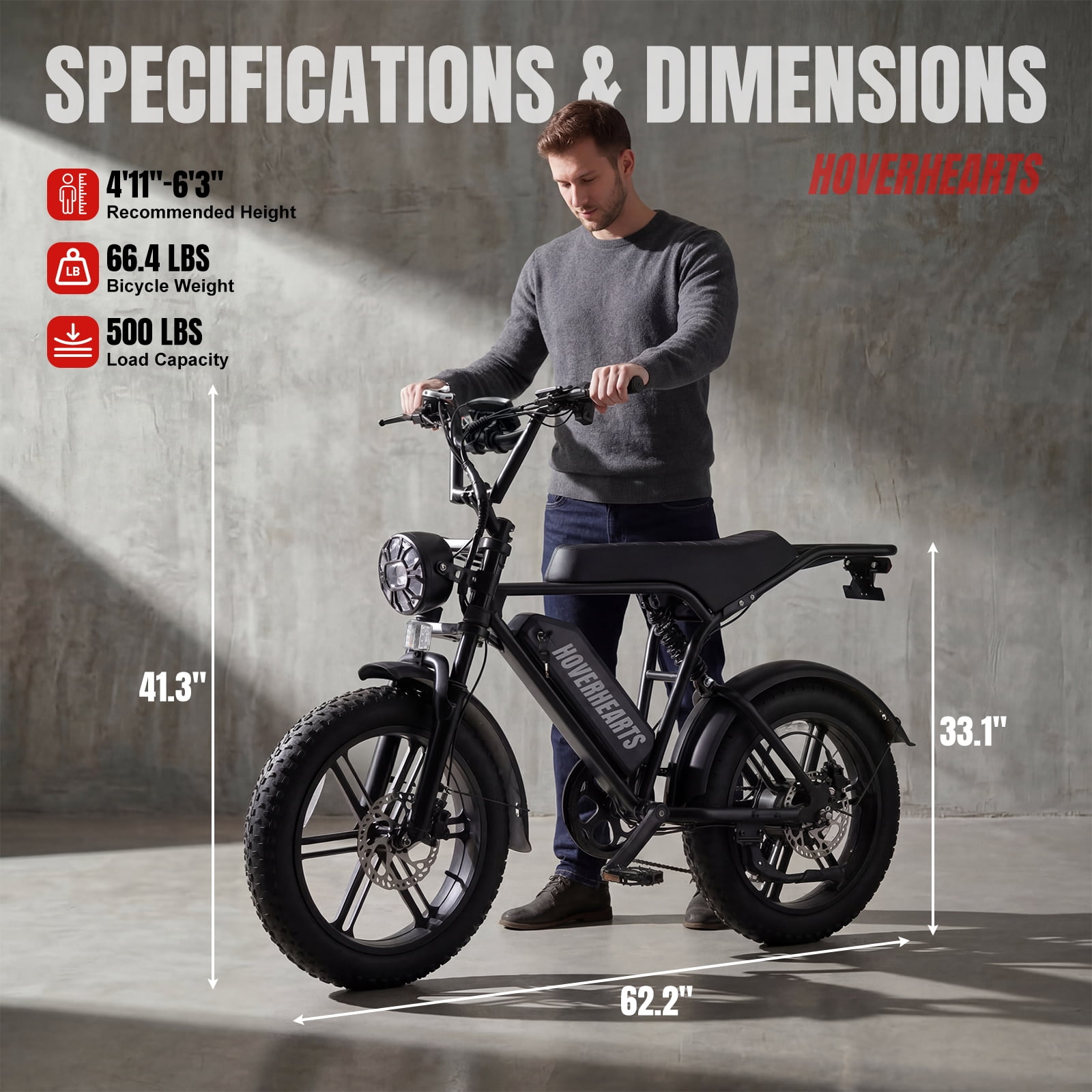HOVER HEART 20 in Fat Tire Electric Bike 500W Retro E-Bike with Hydraulic Brakes (Black, 20 in) cashj