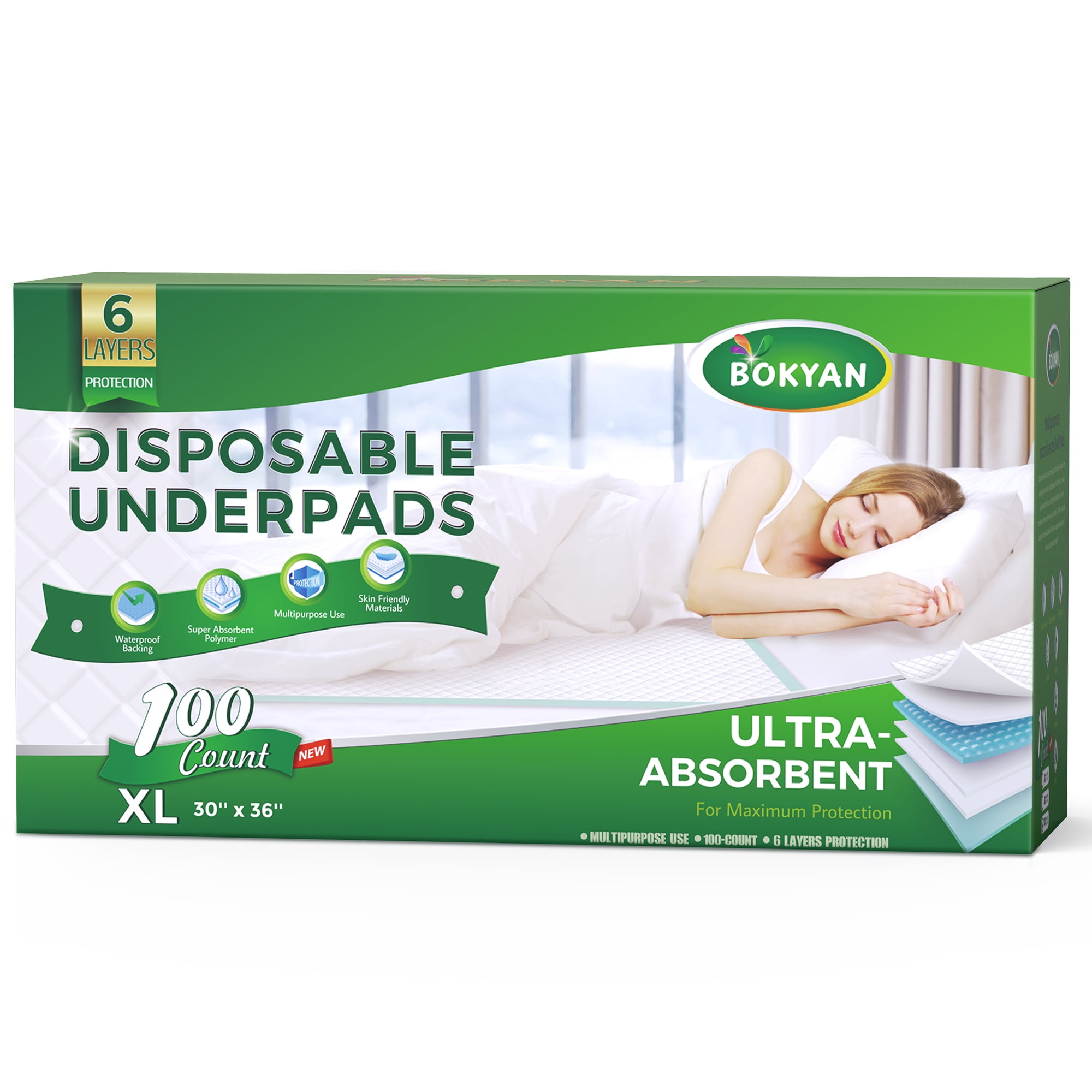 BOKYAN Disposable Incontinence Bed Pads (30 in x 36 in, 100 Count) 064lp