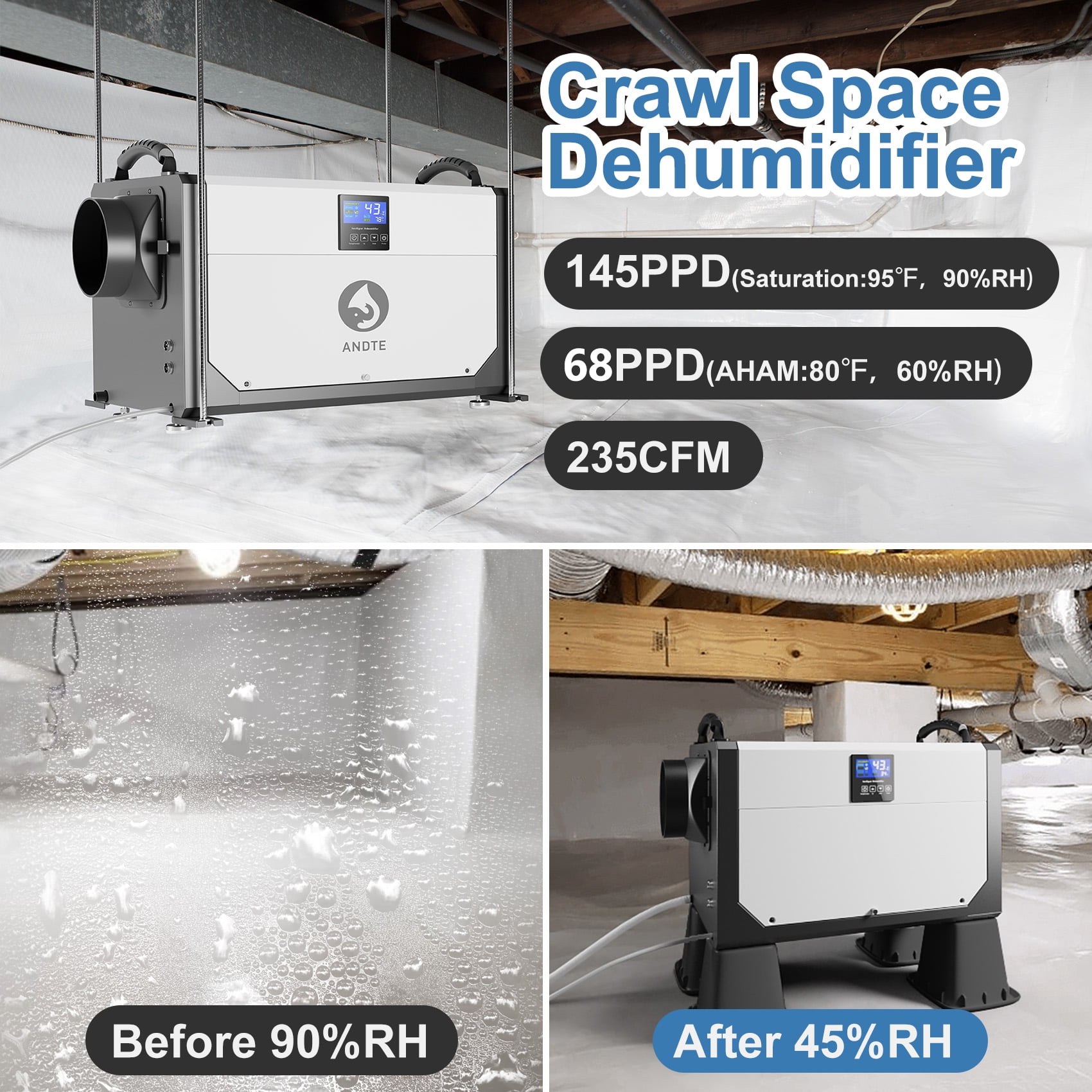 ANDTE Commercial Dehumidifier with Remote Control, High-Capacity Moisture Removal for Basements and Crawl Spaces (Grey, 145 Pints) 2mbx4