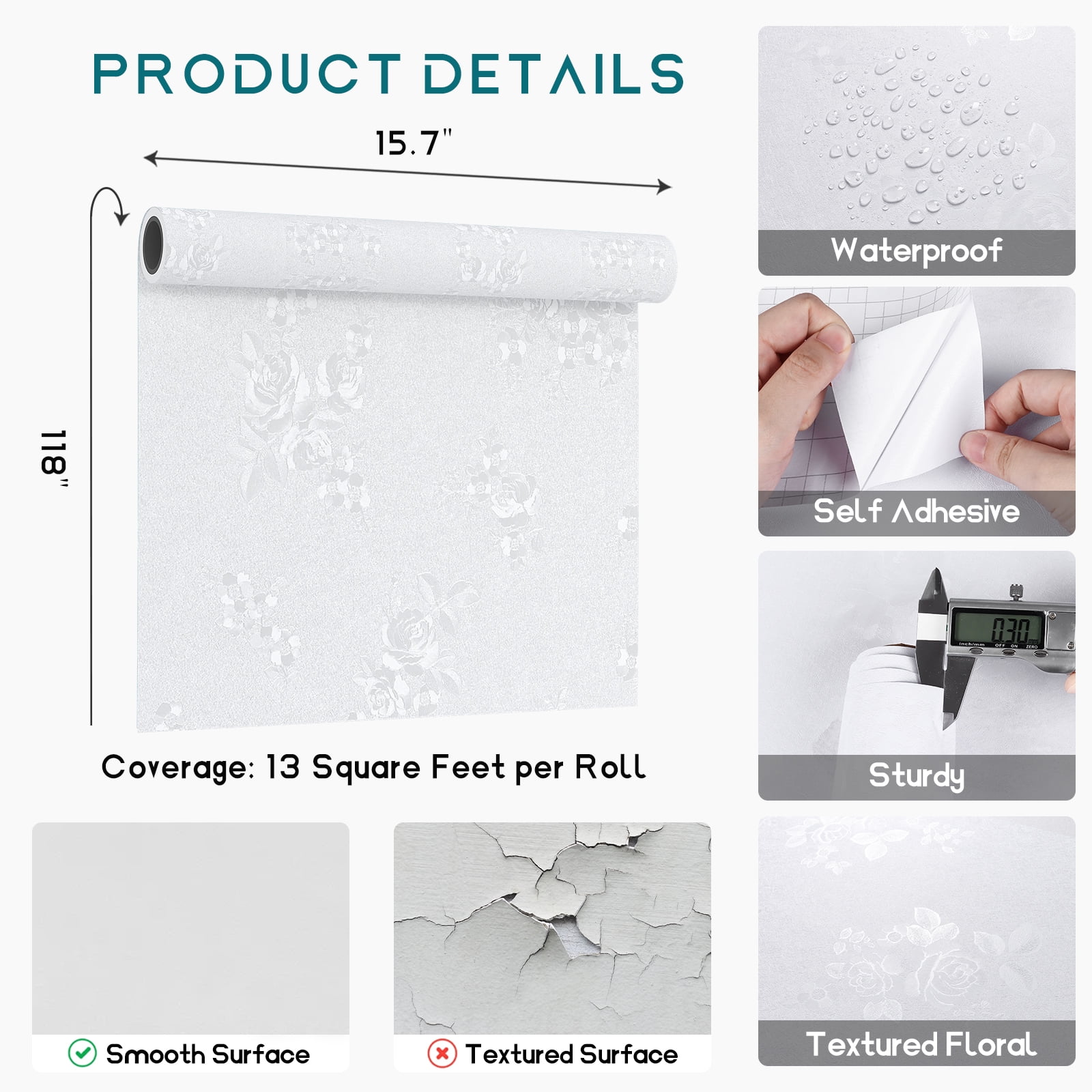 VEELIKE Floral Peel and Stick Wallpaper Textured Self-Adhesive Vinyl Contact Paper for Furniture and Walls (White, 15.7 in x 118 in) lrhao