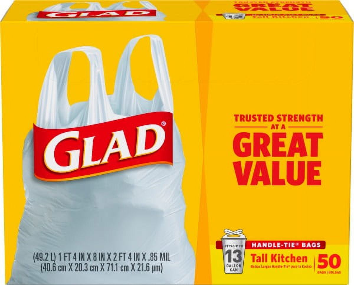 Glad Tall Kitchen Trash Bags with Handle-Tie Closure (White, 50 ct) rencv