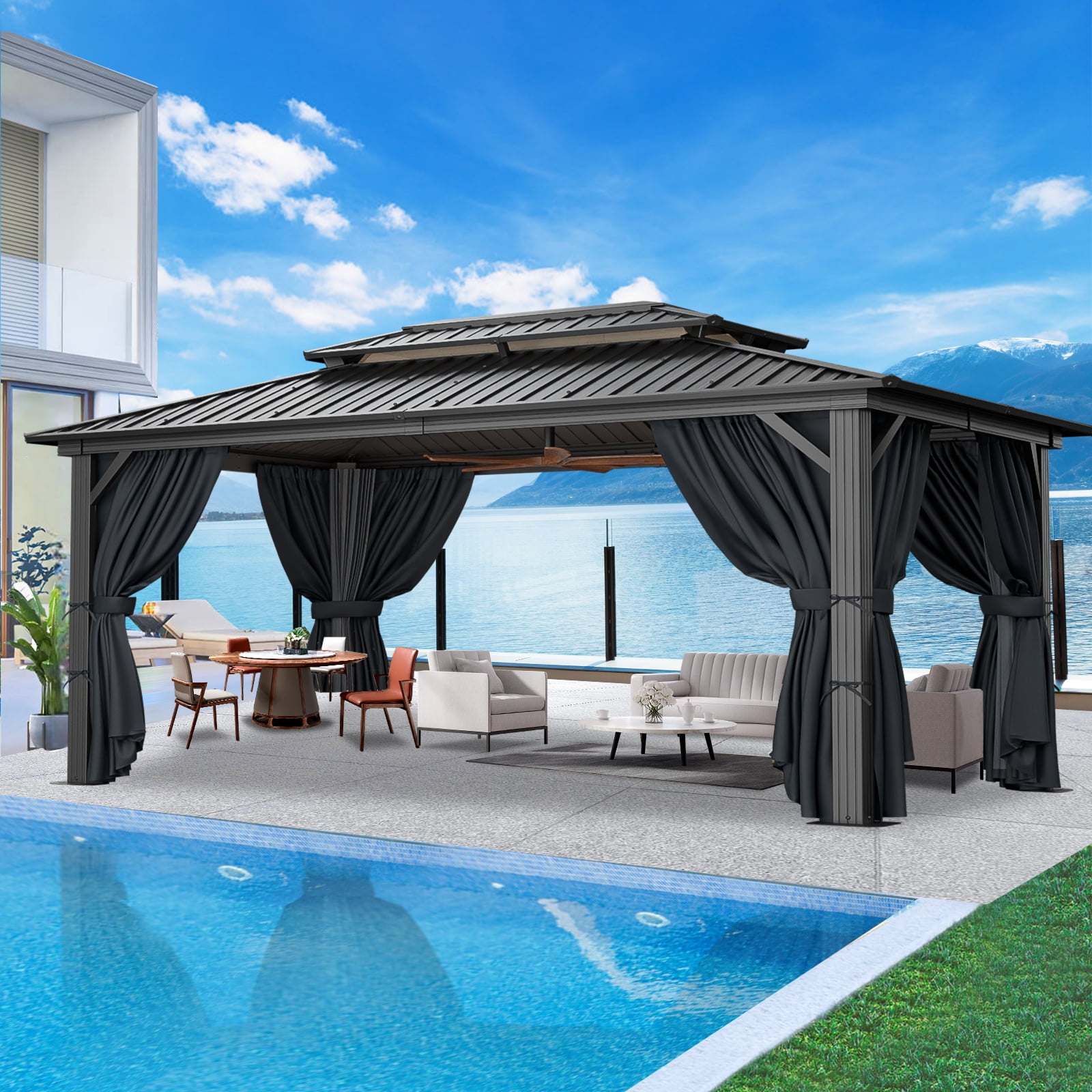 COBIZI Hardtop Gazebo with Netting and Curtains, Outdoor Aluminum Canopy for Backyard and Patio (Black, 10x15 ft) s97f0