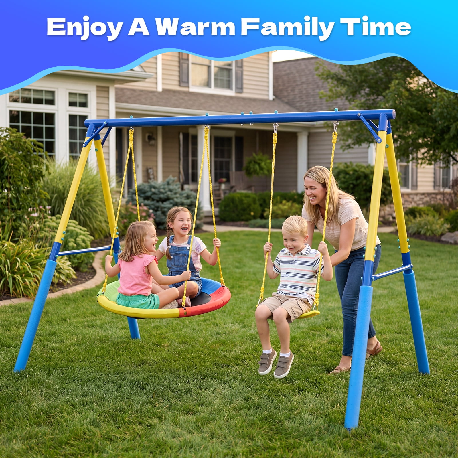 Fashionsport Outfitters Heavy-Duty Outdoor Metal Swing Set with Saucer Swing, Belt Swing, and Trapeze Rings (Yellow, 500 lb Capacity) 0b4sk