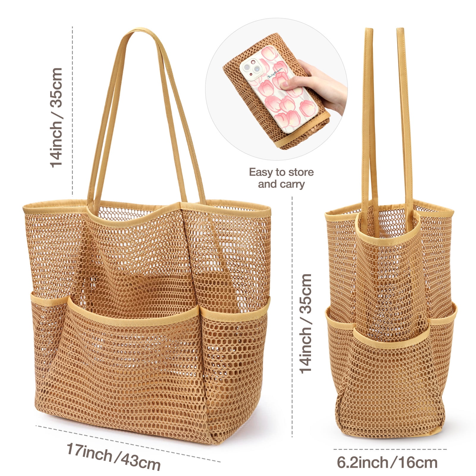 Gocvo Mesh Beach Bag for Women, Large Foldable Swim Tote with Pockets (Beige, 17 x 6.2 x 14 in) k1fg4 - Image 6