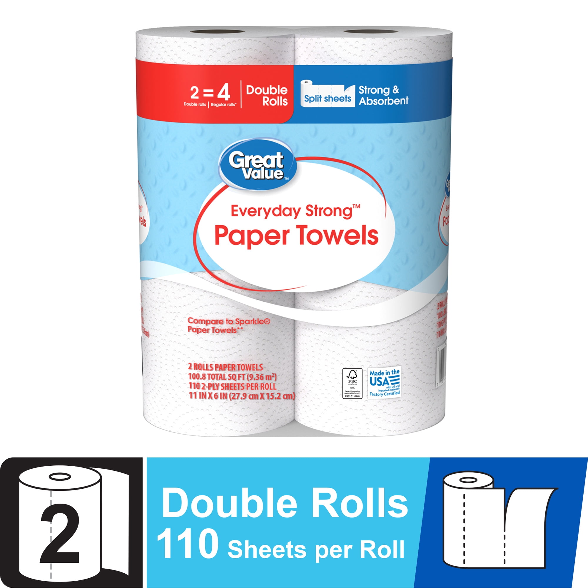 Great Value Everyday Strong Paper Towels, Absorbent Household Cleaning Sheets (2 Double Rolls) qeqig
