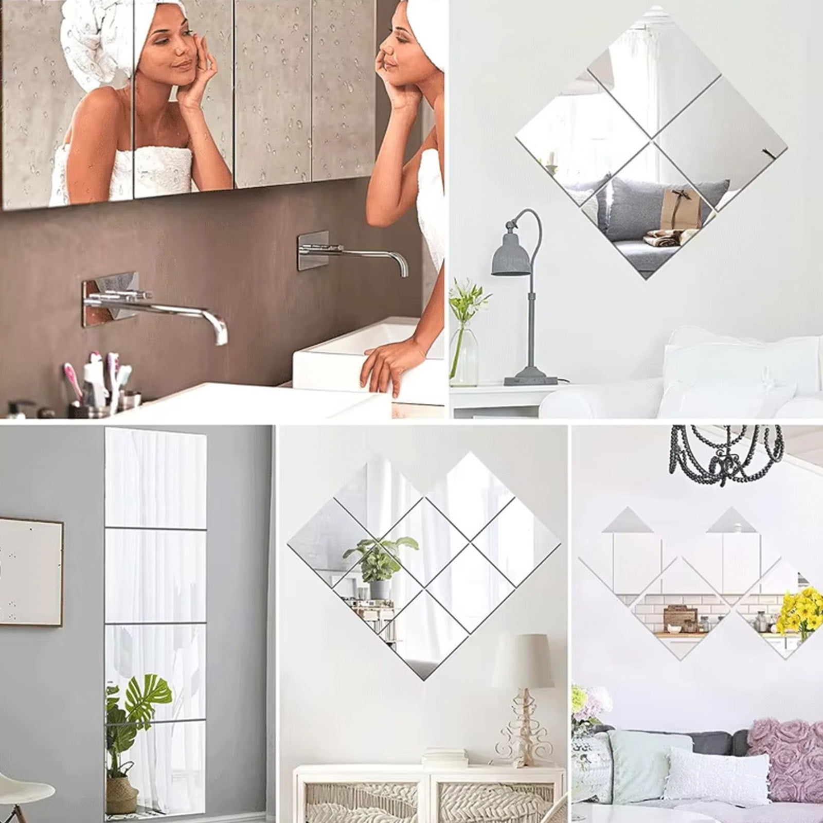TOPRenddon Peel & Stick Mirror Tiles, Shatterproof Flexible Acrylic Wall Decals for Home Decor (Silver, 12-Pack, 6x6 in) bg0gy