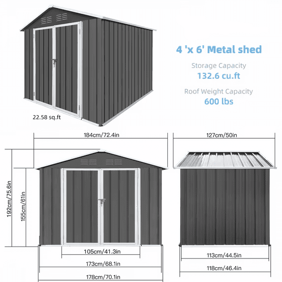 Enyopro Outdoor Storage Shed, Galvanized Metal Garden Tool Shed with Lockable Double Doors and Sloped Roof (Gray, 6 ft x 4 ft) p6ius