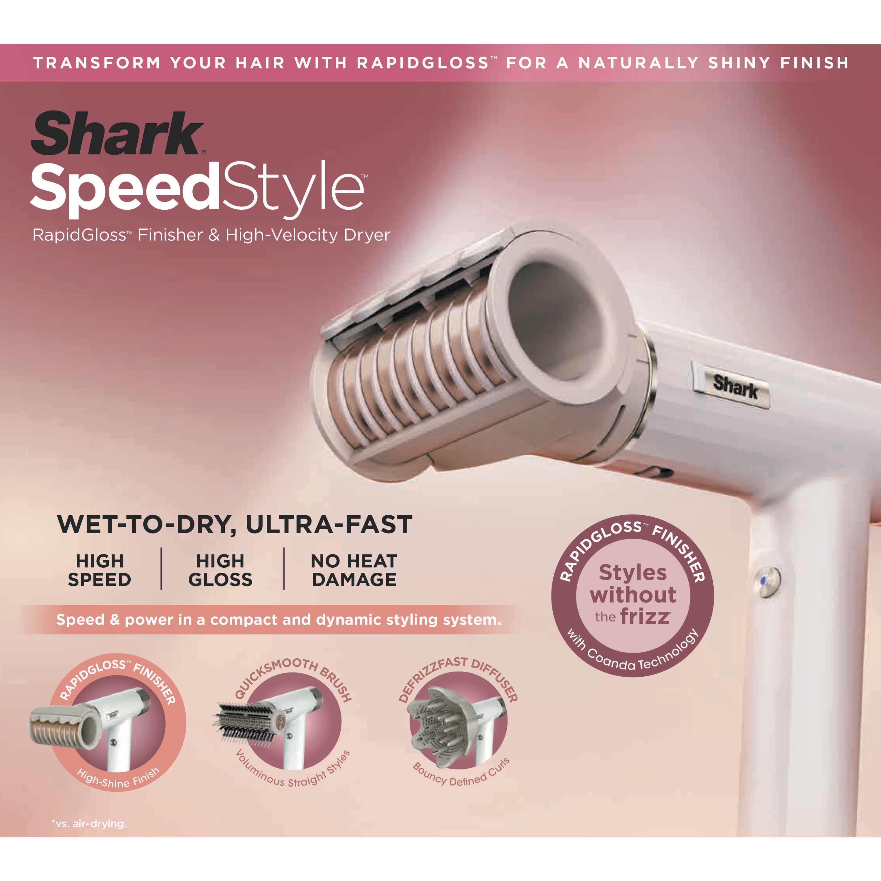 Shark SpeedStyle Hair Dryer & RapidGloss Finisher, Lightweight Ionic Styling Tool (White, 1.69 lb) 5s0ou
