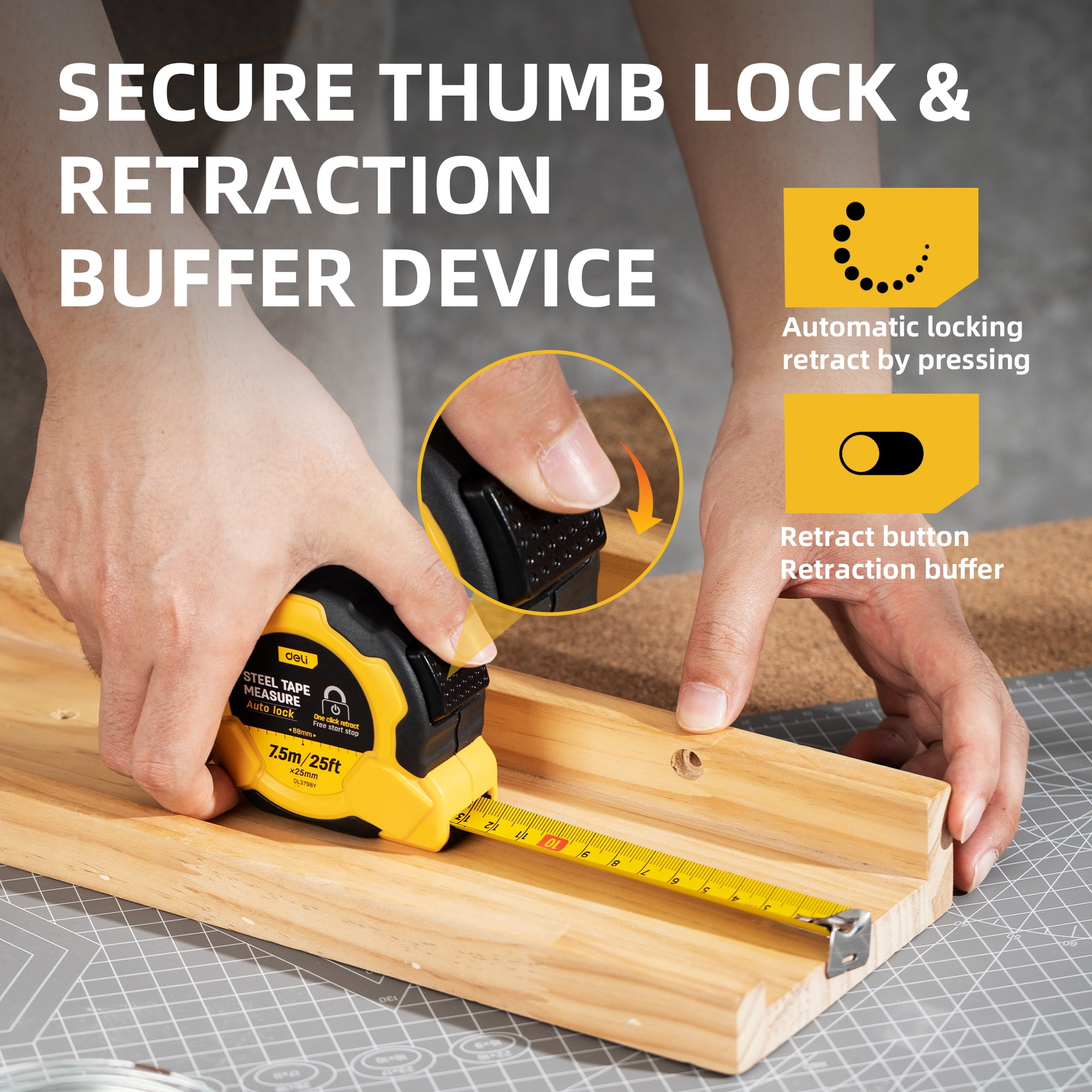 Deli Auto-Lock Steel Tape Measure, Heavy-Duty Retractable Measuring Tool with Rubberized Grip (Yellow, 25 ft) yani5