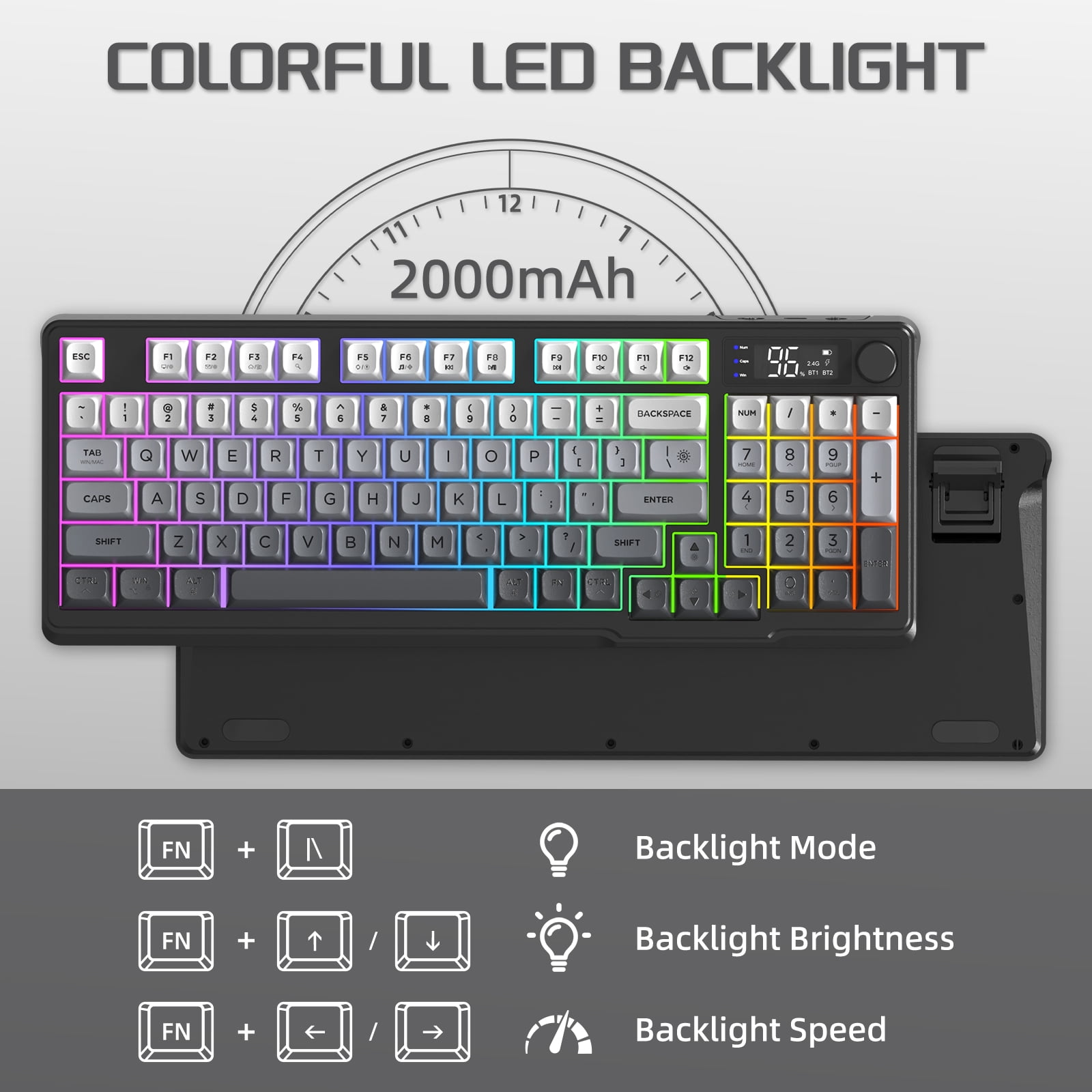 Free Wolf M96 Wireless Gaming Keyboard, Membrane Mechanical Feel with LCD Screen & Media Knob (Grey, 94 Key) kzbu3
