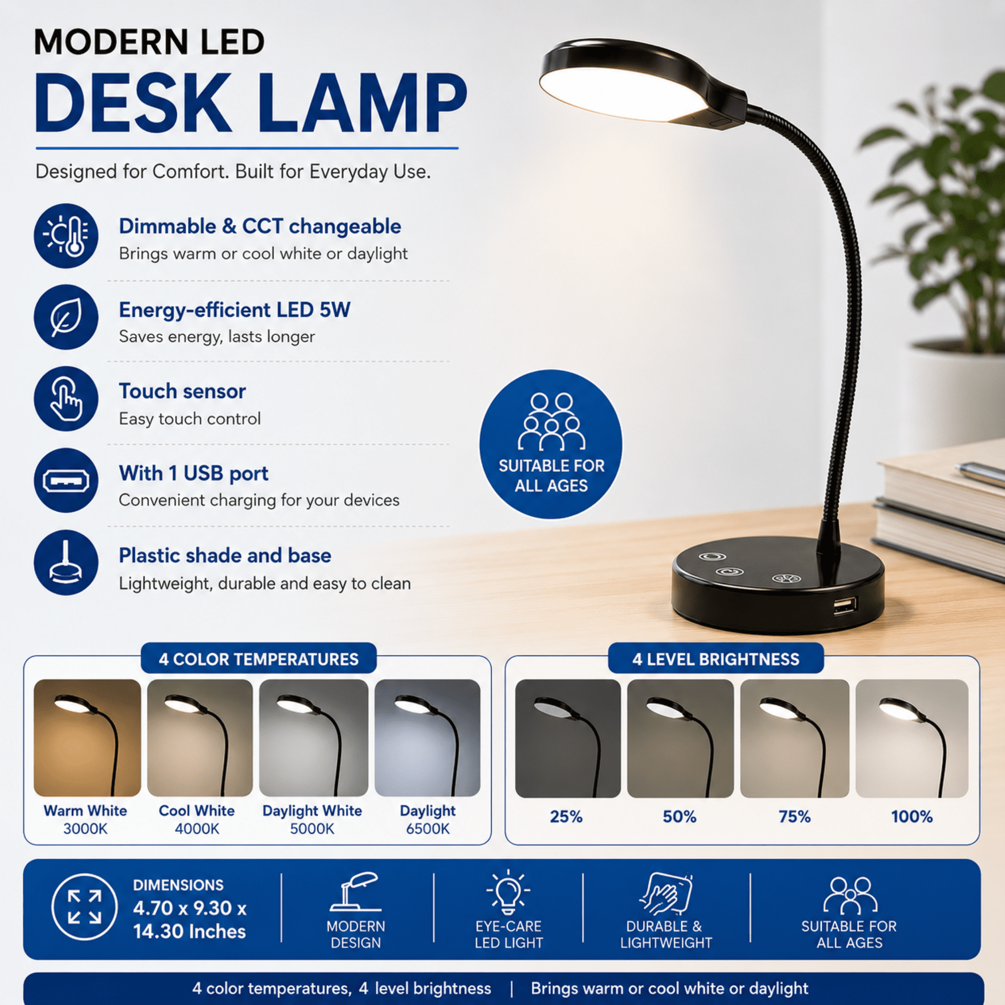 Mainstays LED Desk Lamp, Dimmable Touch Control Table Light with USB Charging Port (Black, 14.3 in) y58da