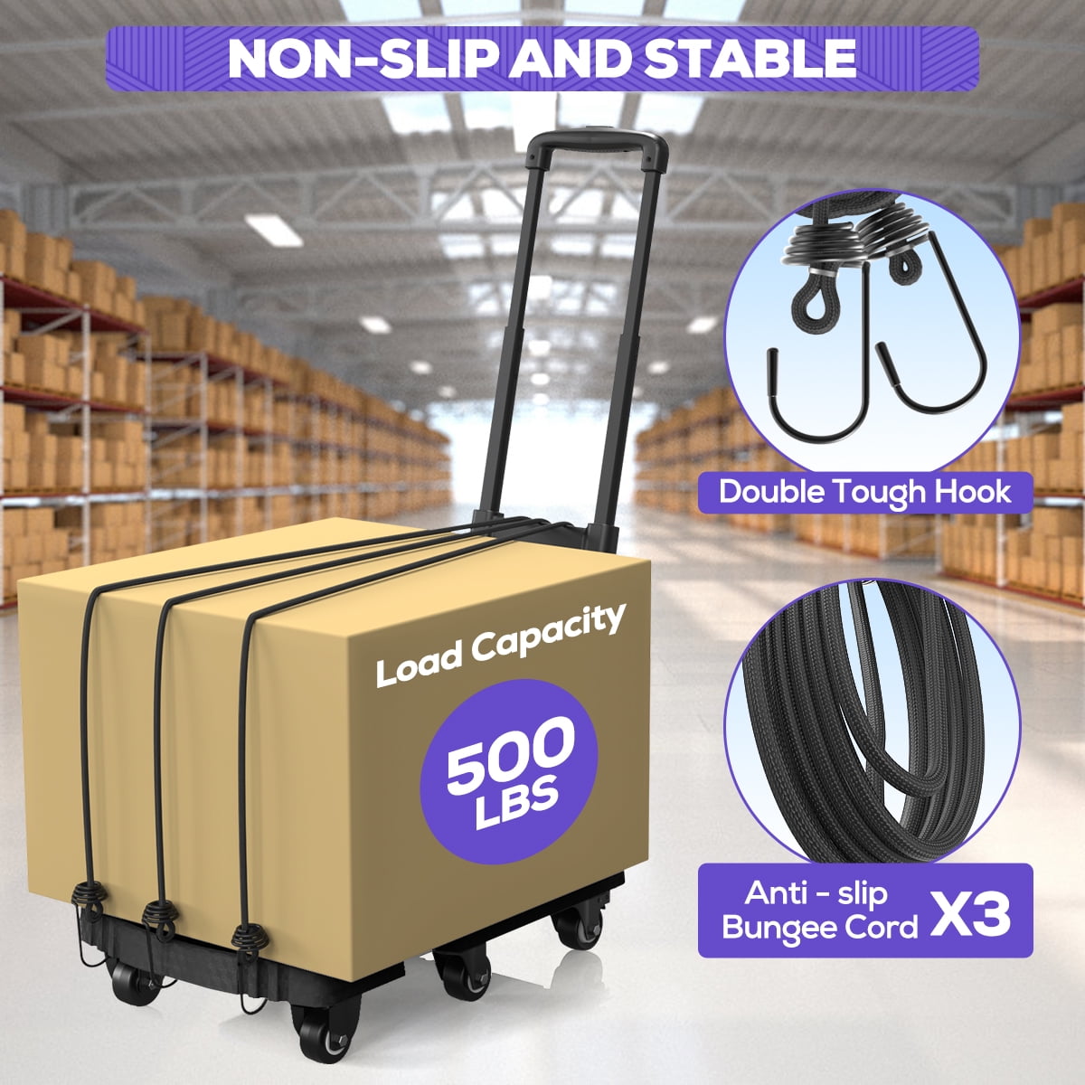 TNTANTS Folding Hand Truck, Heavy-Duty Portable Dolly Cart, 6-Wheel Collapsible Luggage Trolley with 3 Elastic Ropes (Black, 500 lb) 19z23