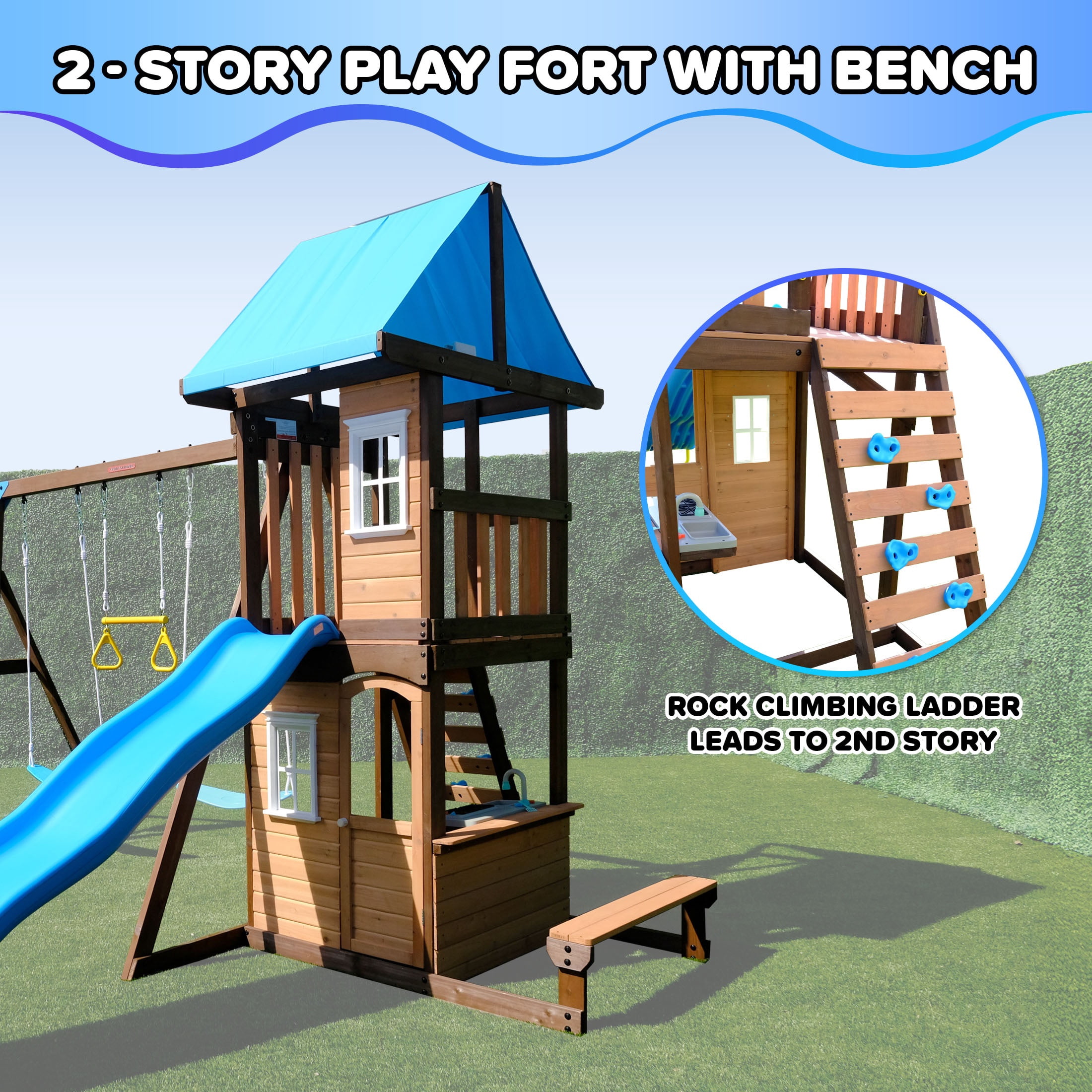 Sportspower Lakeview Wooden Swing Set with Slide, Trapeze, and Play Kitchen (Blue, 13 ft x 10.8 ft x 9.1 ft) eso97