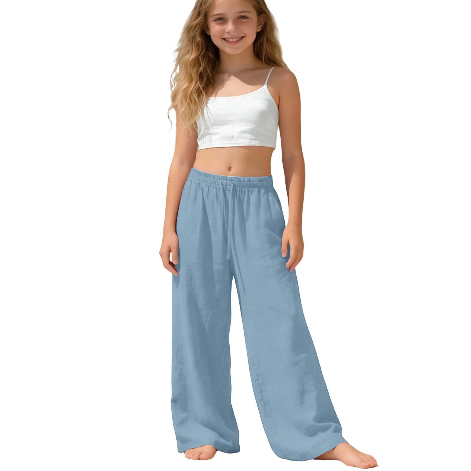 Atogsazn Kids Girls Wide Leg Sweatpants Casual Jogger Pants with Pockets (Light Blue, 5-6 Years) jpw1f