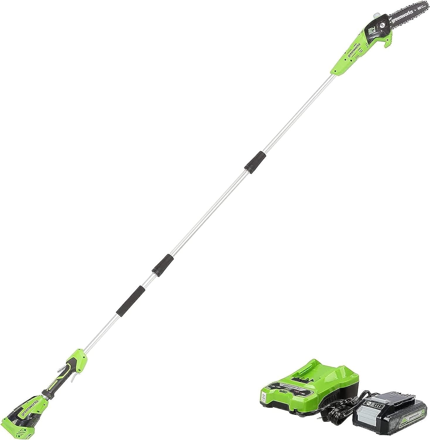 Greenworks 24V 8 in Cordless Pole Saw with 2.0Ah Battery and Charger (Green, 11 ft Reach) o7d4f