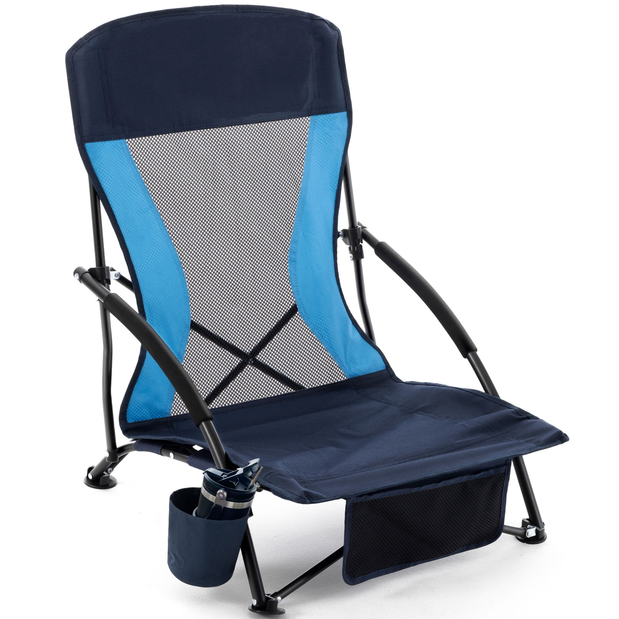 HoneiLife Low Folding Beach Chair, Portable Lightweight Outdoor Lawn Seat with Cup Holder and Carry Bag (Navy Blue, 300 lb Capacity) acpat