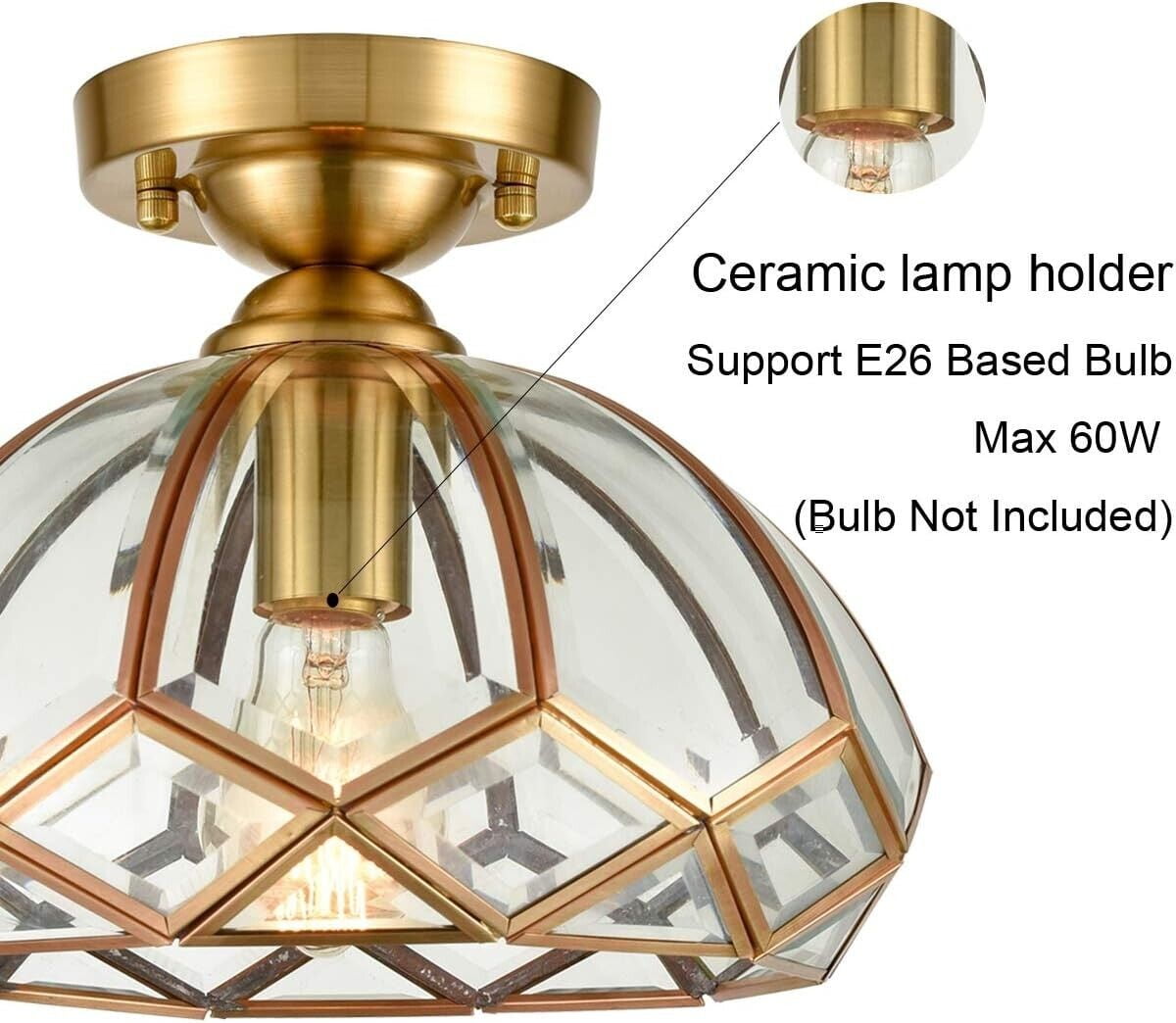 Moose Semi Flush Mount Ceiling Light Modern Brass Glass Fixture (Gold, 1-Light) 1xpmt