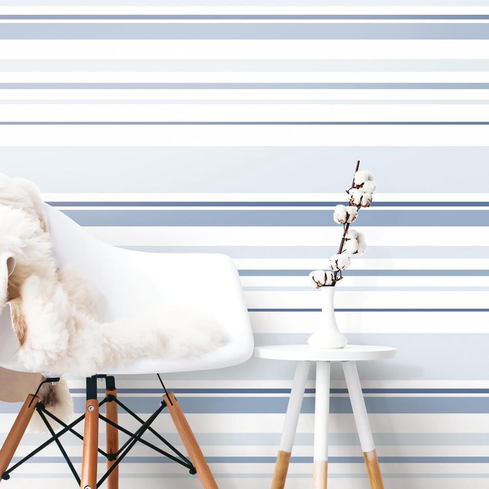 RoomMates Stripes Peel and Stick Wallpaper, Removable Self-Adhesive Wall Decor (Blue, 20.5 in x 16.5 ft) 6ei4f