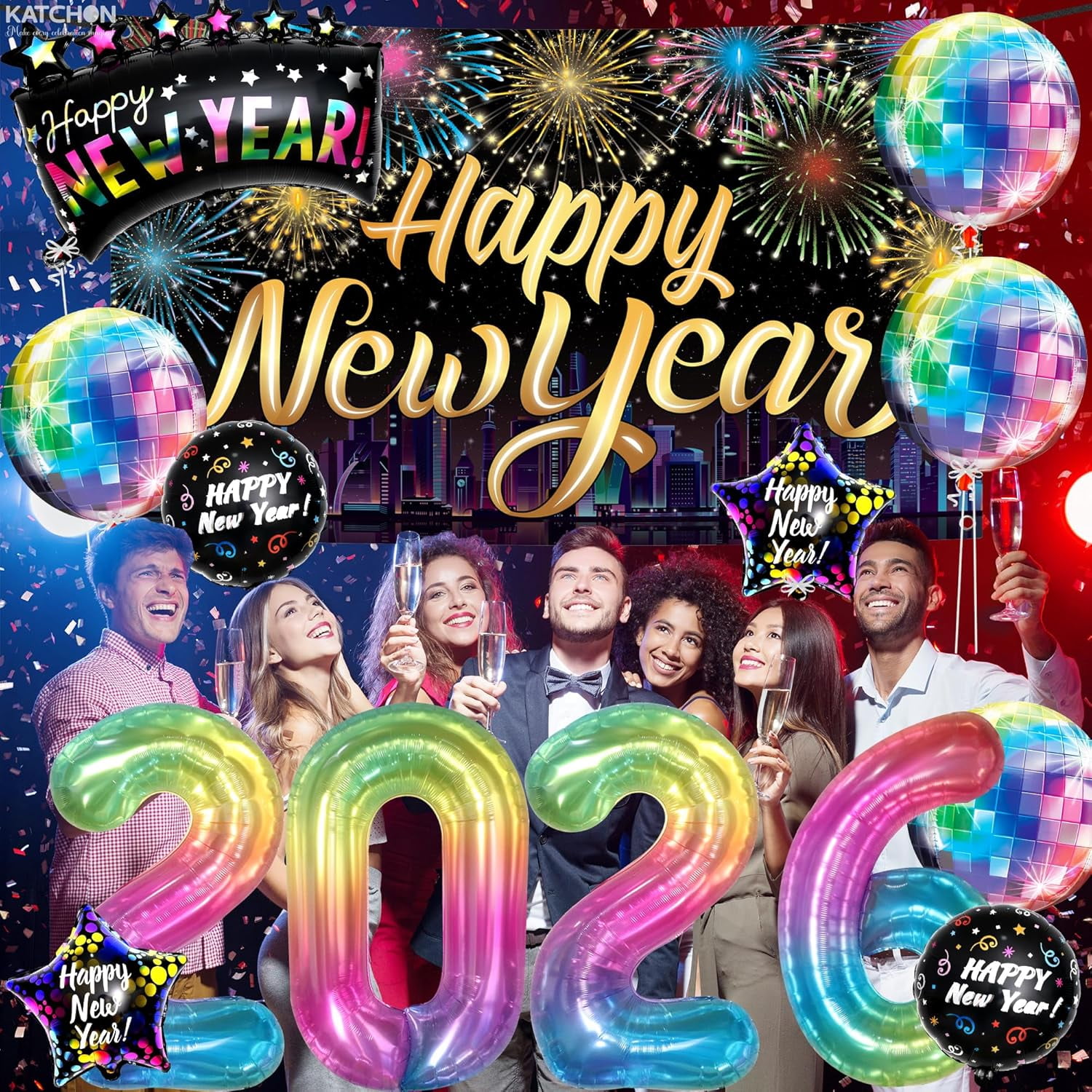 KatchOn New Year Eve Party Decorations 2026 Set (Rainbow, 72x44 in Banner) htngf