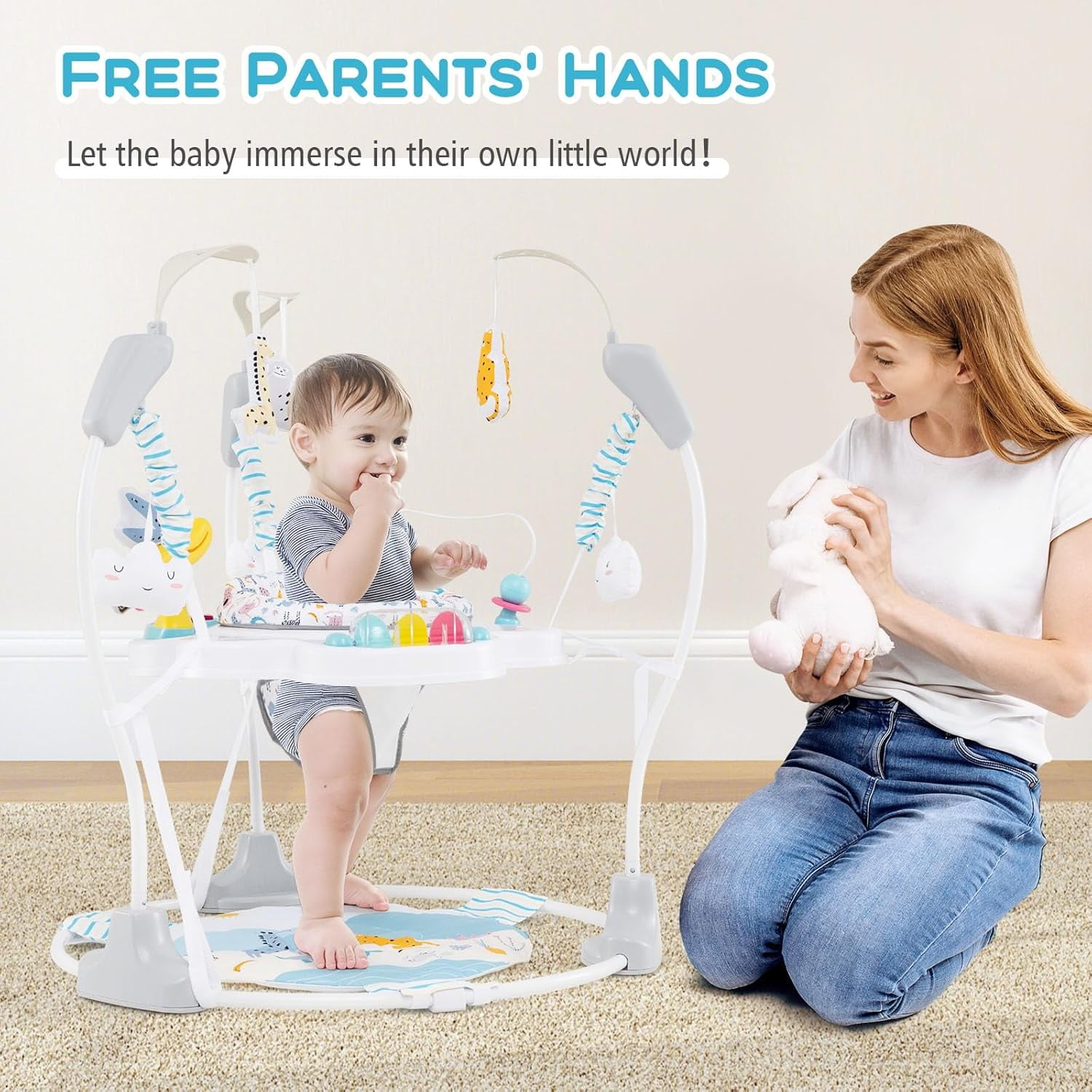 INFANS Baby Activity Center, 3-in-1 Jumper and Bouncer with Interactive Toys, 360° Rotating Seat, 3 Adjustable Heights (Blue, 25 lb Capacity) 0v924