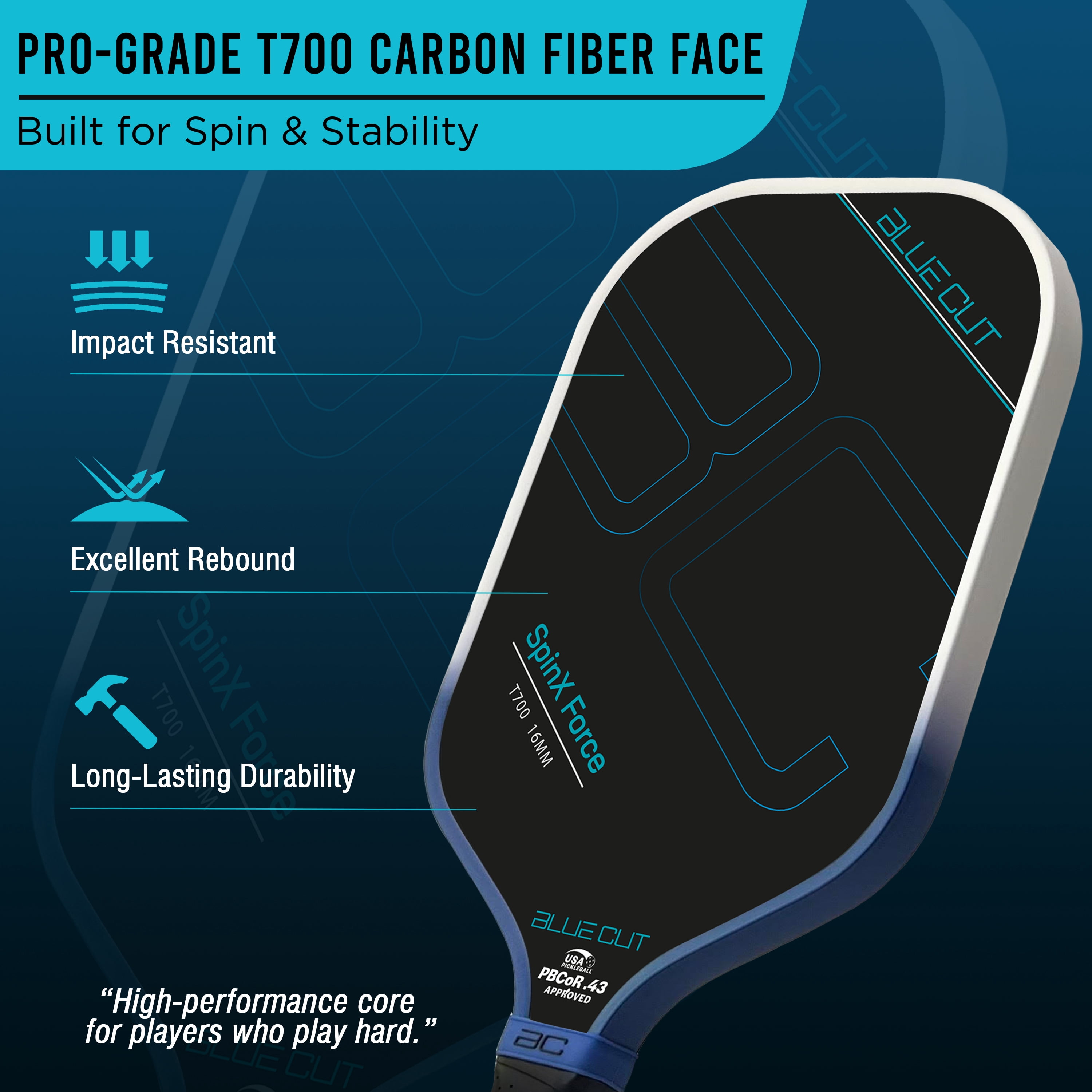 BLUE CUT Pickleball Paddle T700 Carbon Fiber Racket (Blue, 16mm Honeycomb Core) tpont