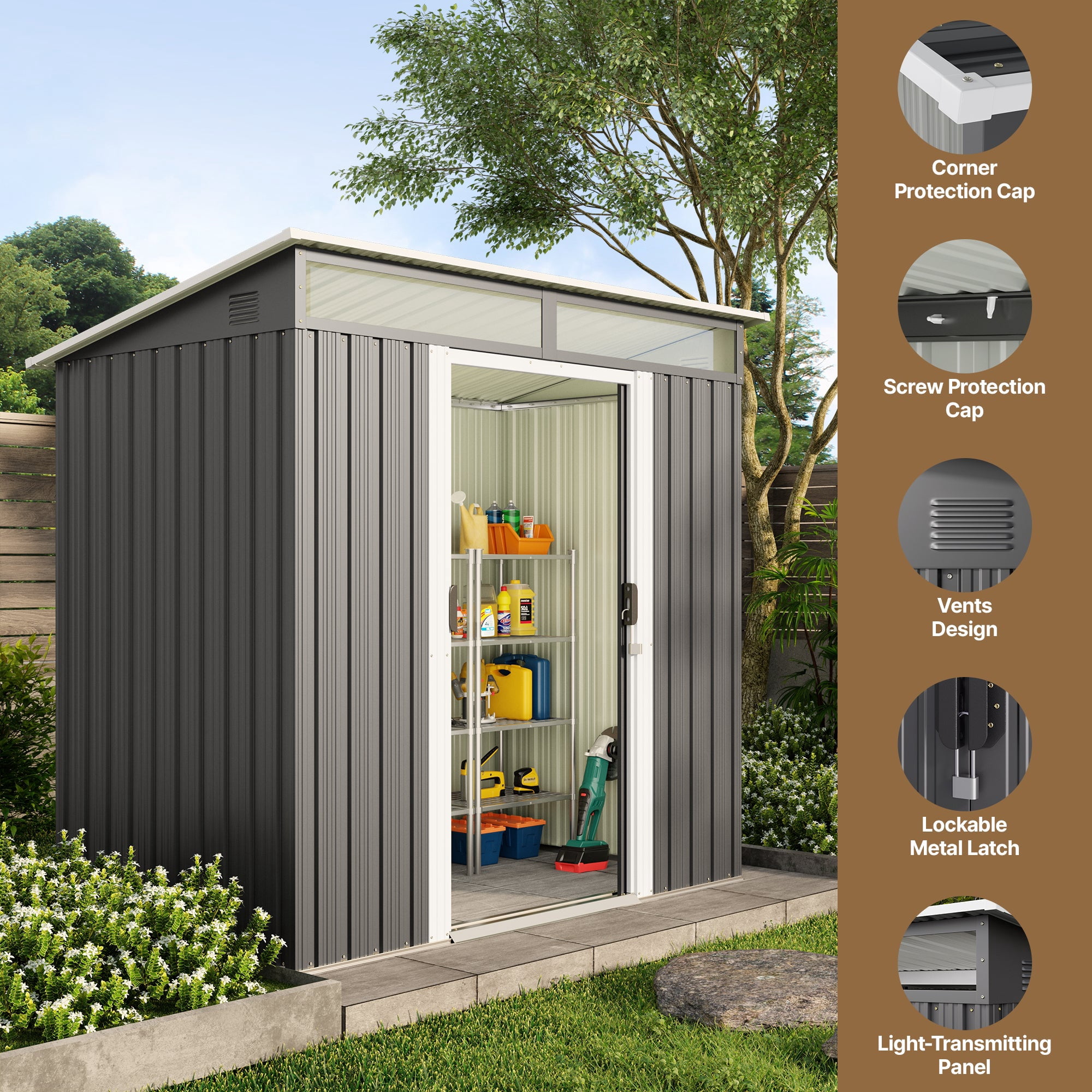 Aiho Metal Outdoor Storage Shed, Lockable Garden Tool House with Transparent Roof Panels and Vents (Dark Gray, 6 ft x 4 ft) ss3xs