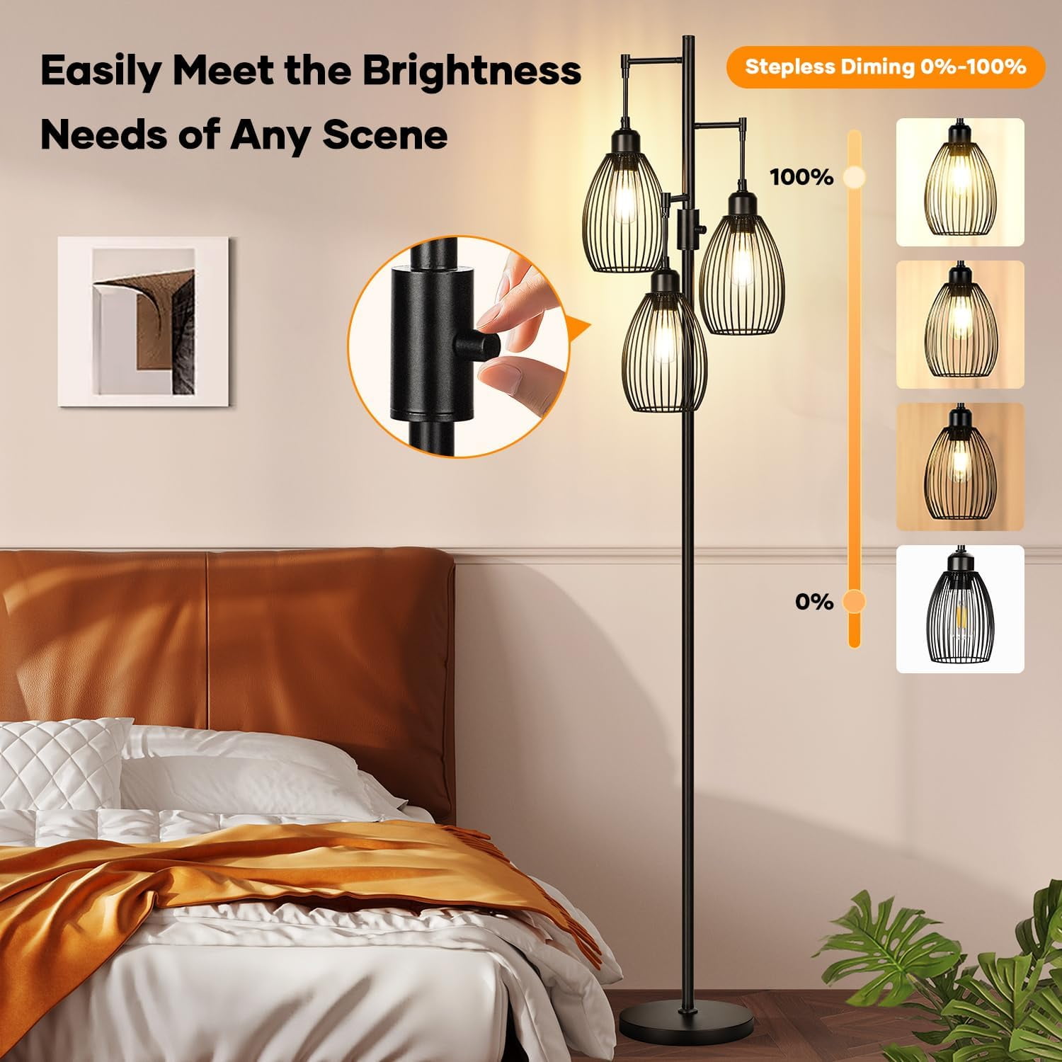 Generic Dimmable Industrial Floor Lamp, Farmhouse Tree Standing Light with 3 Teardrop Cages, Stepless Dimming (Black, 68 in) dg5ts