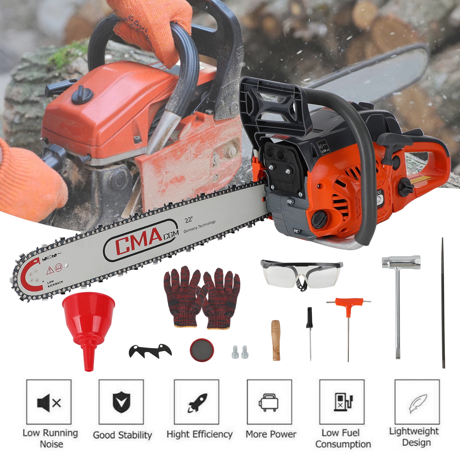 Topteng 68CC Gasoline Powered Chainsaw, Heavy-Duty Wood Cutting Tool with Automatic Chain Oiler (Orange, 22 in) hvlhg