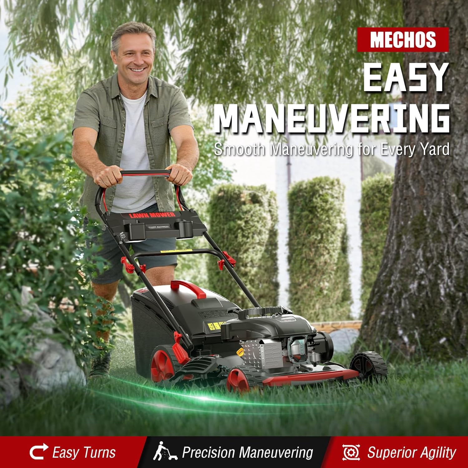 Baotree Gasoline Push Lawnmower, 210cc 4-Stroke Engine, Adjustable Speed & Height (Black, 21 in) 5jzn1