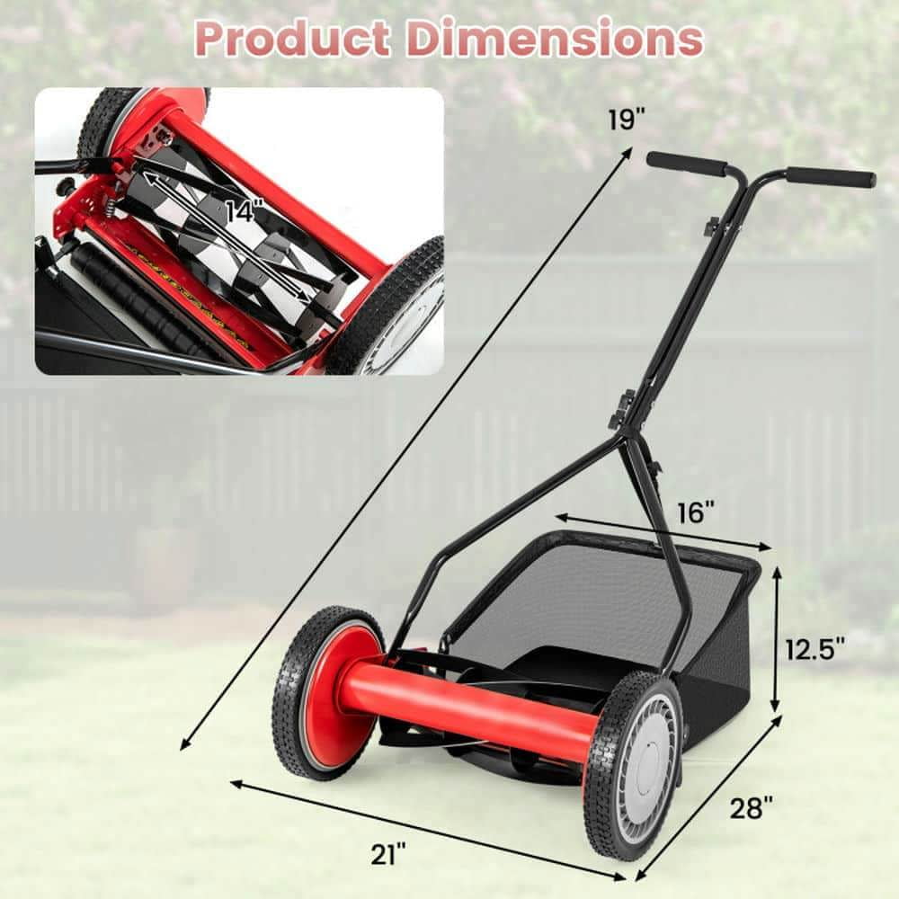 Yardi Yarda 14 Inch Push Lawn Mower with 5 Steel Blades and Grass Catcher Bag (Red, 14 in) ccr71