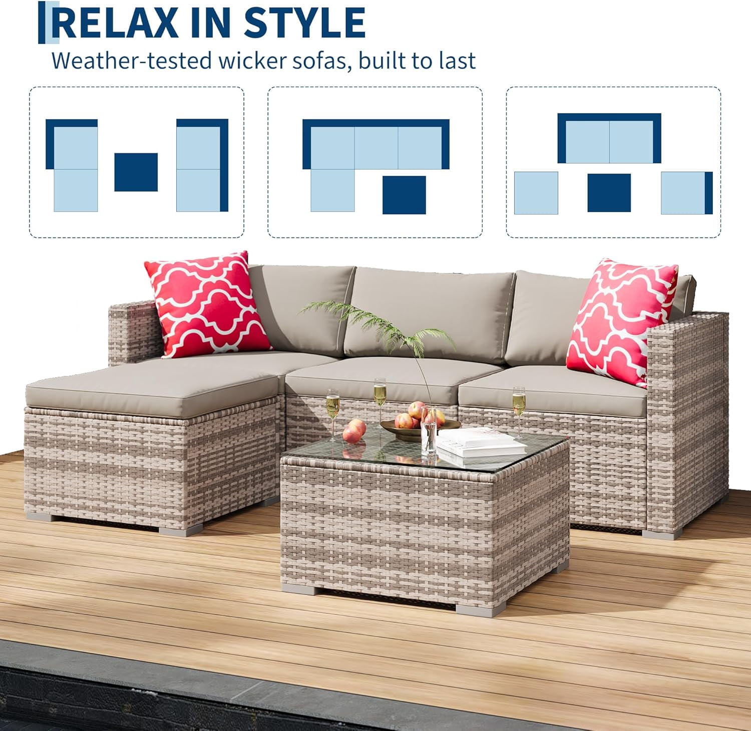 IdealHouse 5-Piece Outdoor Sectional Sofa Set, All-Weather PE Rattan Patio Furniture with Ottoman & Tempered Glass Table (Gray, 5-Piece Set) fbzxn