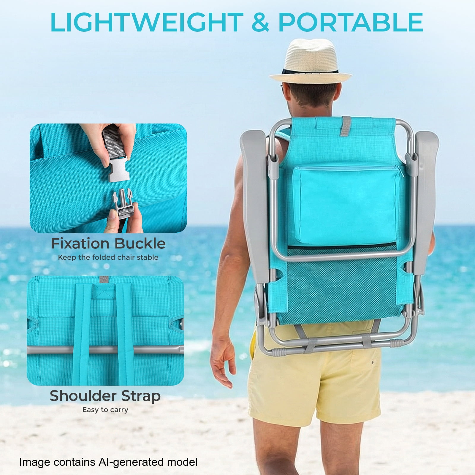 Pirecart Foldable Backpack Beach Chair with 5-Position Recline, Cooler Pouch, and Headrest (Sky Blue, 25 in Wide) 0mr13