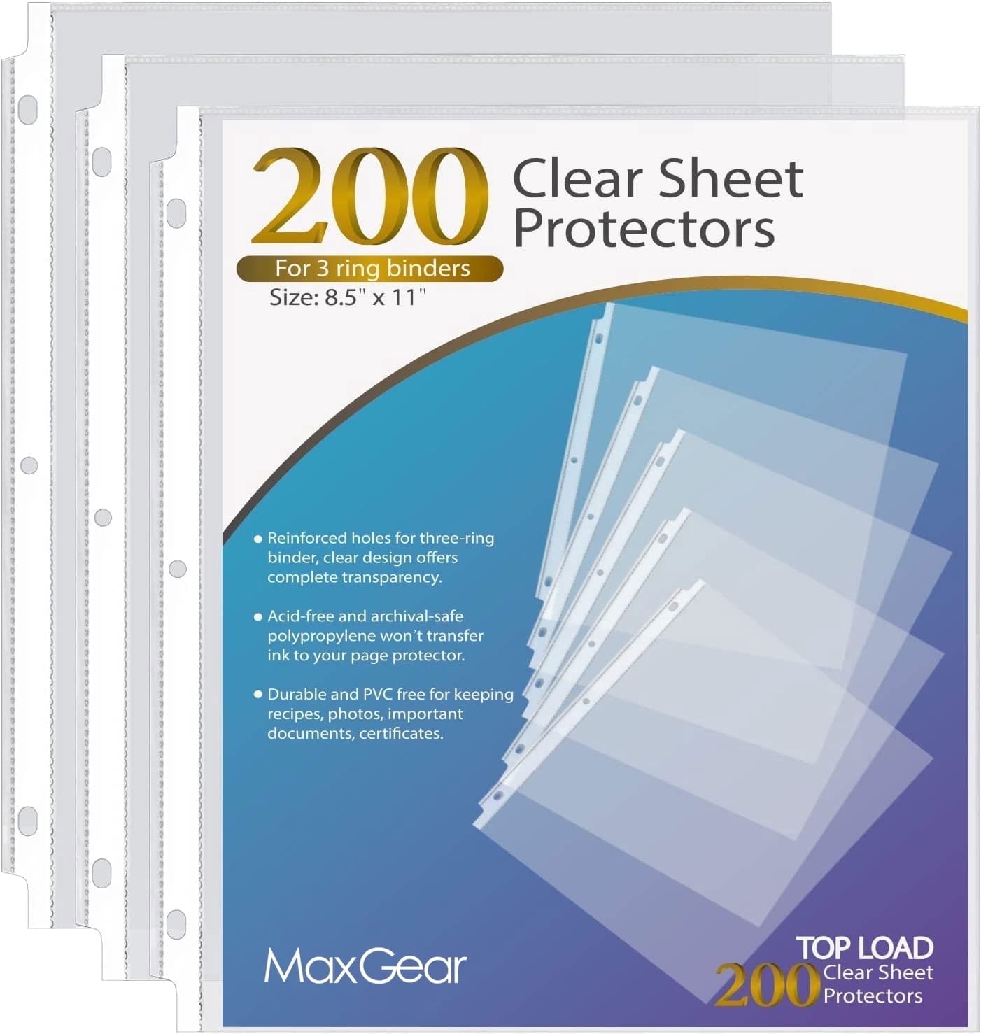 MaxGear Sheet Protectors for 3 Ring Binder, Heavy-Duty Top Loading Clear Page Protectors (Clear, 200 Count, 8.5x11 in) fs6n2
