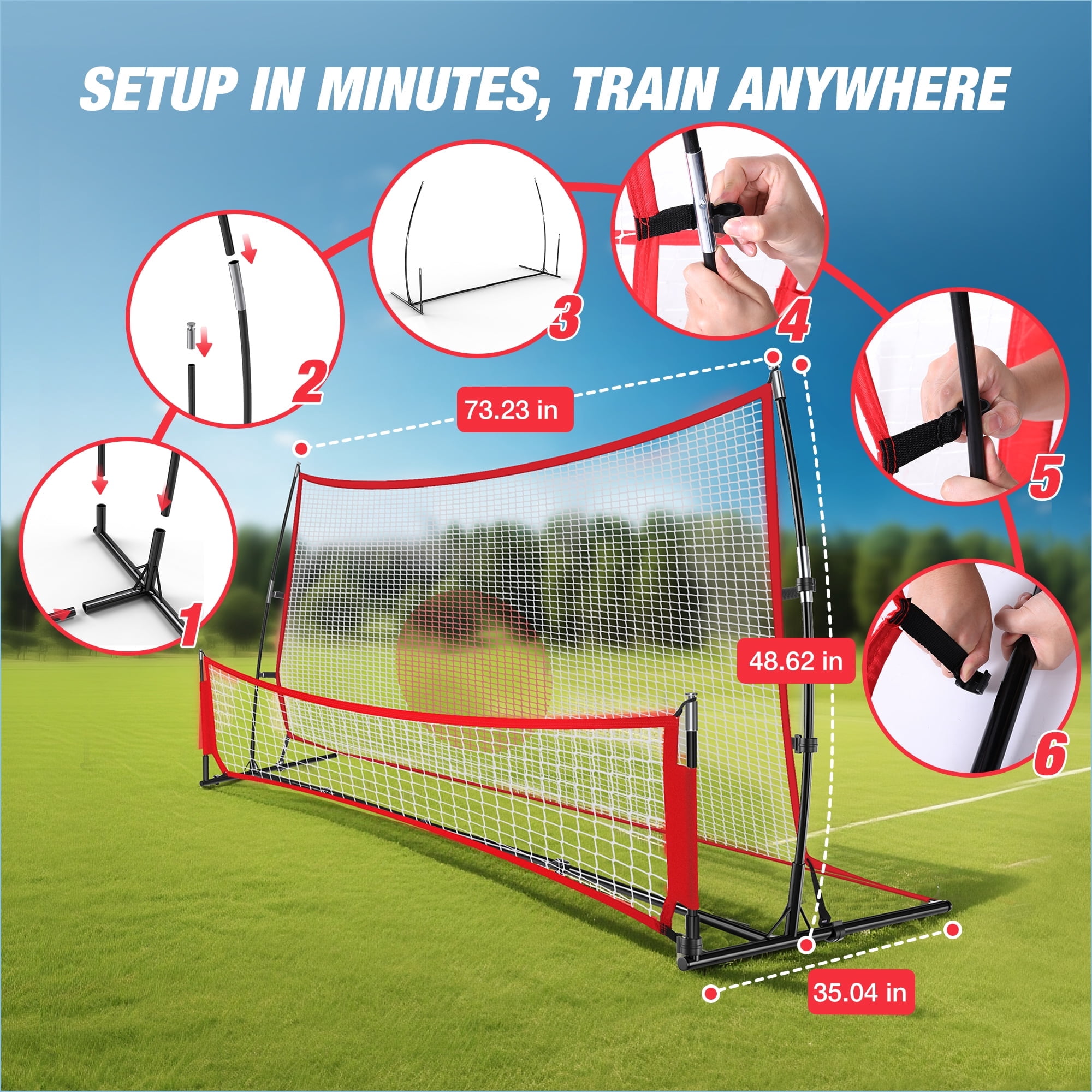 WARMOUNTS 2-in-1 Soccer Rebounder Net, Portable Training Equipment for Solo and Team Practice (Red, 73 in x 49 in) kvew8