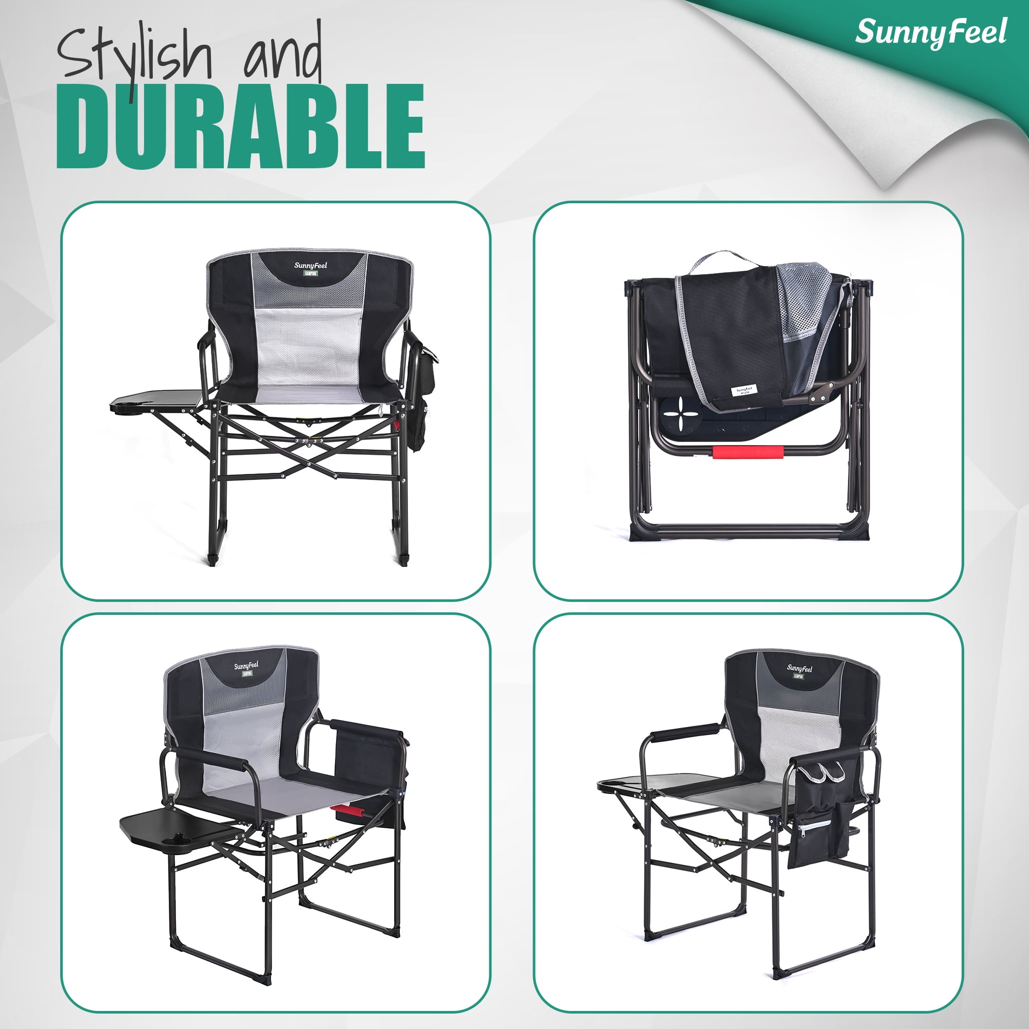 Sunnyfeel Heavy Duty Oversized Portable Folding Director Chair with Side Table and Storage Pockets (Black, 21 in x 25 in x 36 in) msdak